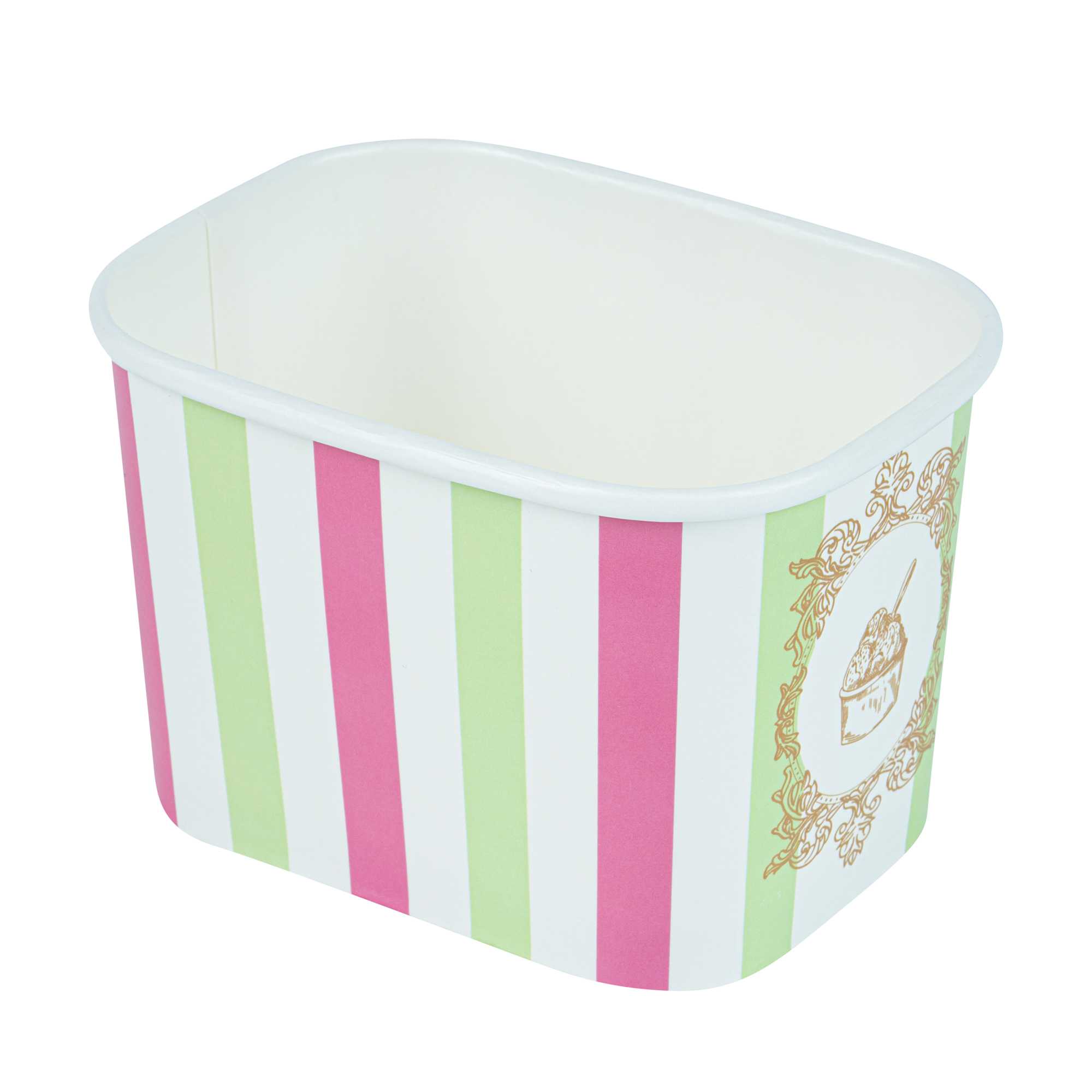 Coppetta 12 oz Square Green And Pink Stripe Paper To Go Cup - 4 1/4" x 3 1/4" x 2 3/4" - 50 count box