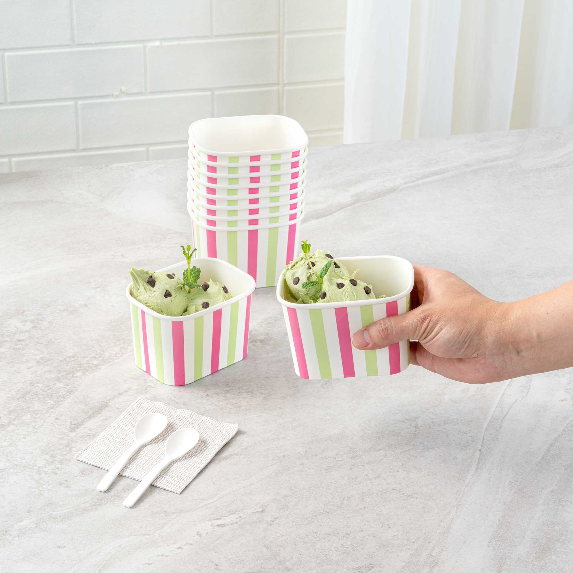 Coppetta 12 oz Square Green And Pink Stripe Paper To Go Cup - 4 1/4" x 3 1/4" x 2 3/4" - 50 count box
