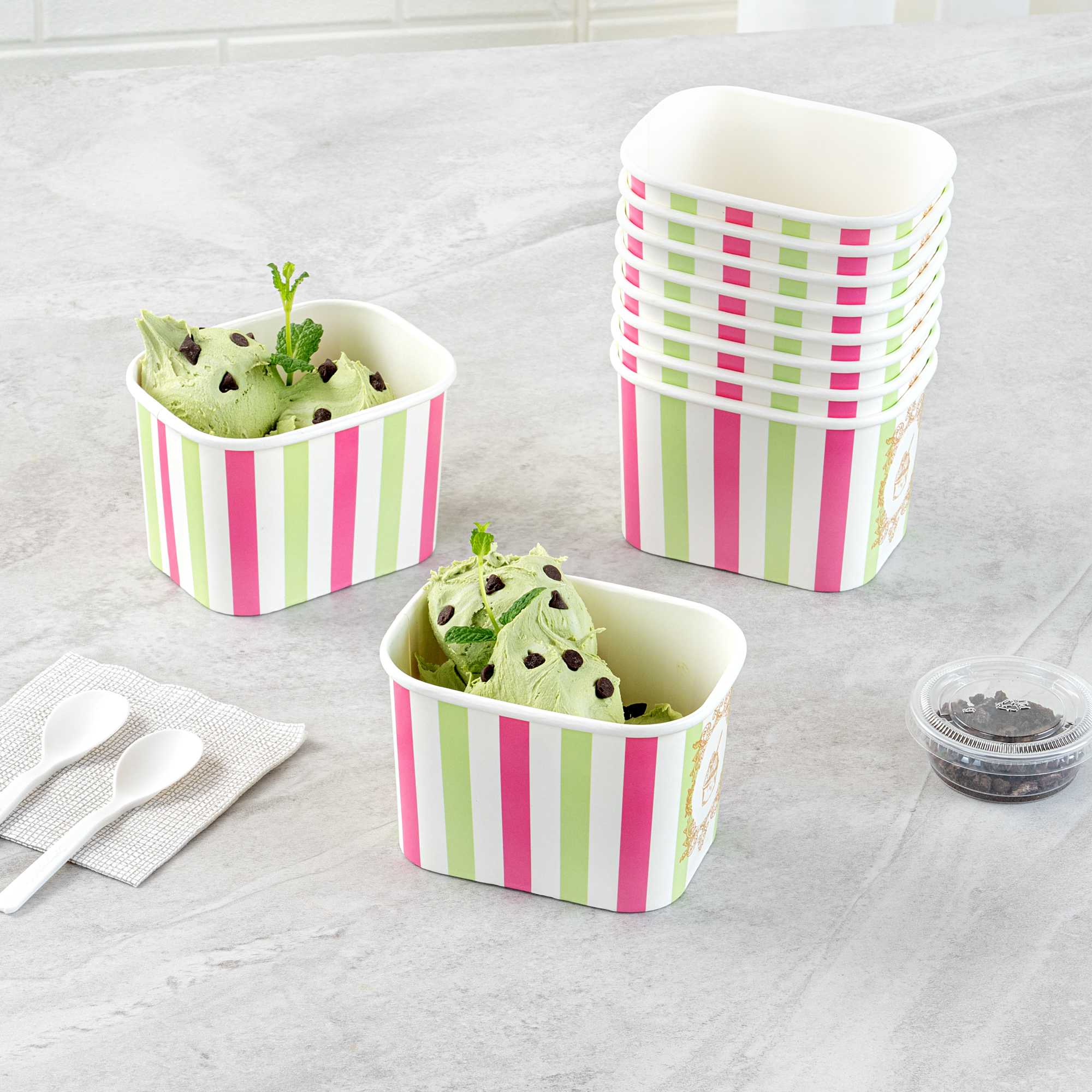 Coppetta 12 oz Square Green And Pink Stripe Paper To Go Cup - 4 1/4" x 3 1/4" x 2 3/4" - 50 count box