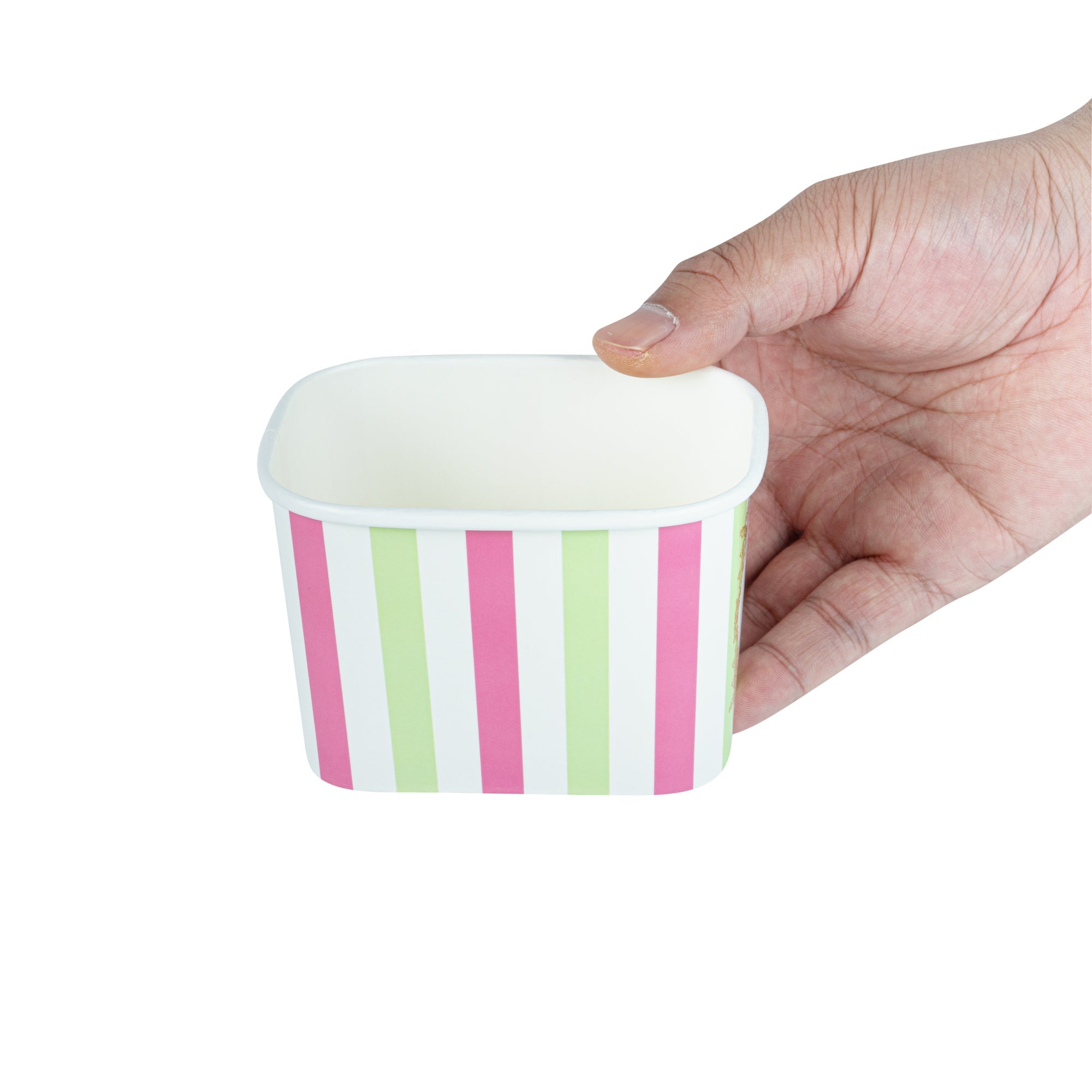 Coppetta 12 oz Square Green And Pink Stripe Paper To Go Cup - 4 1/4" x 3 1/4" x 2 3/4" - 200 count box