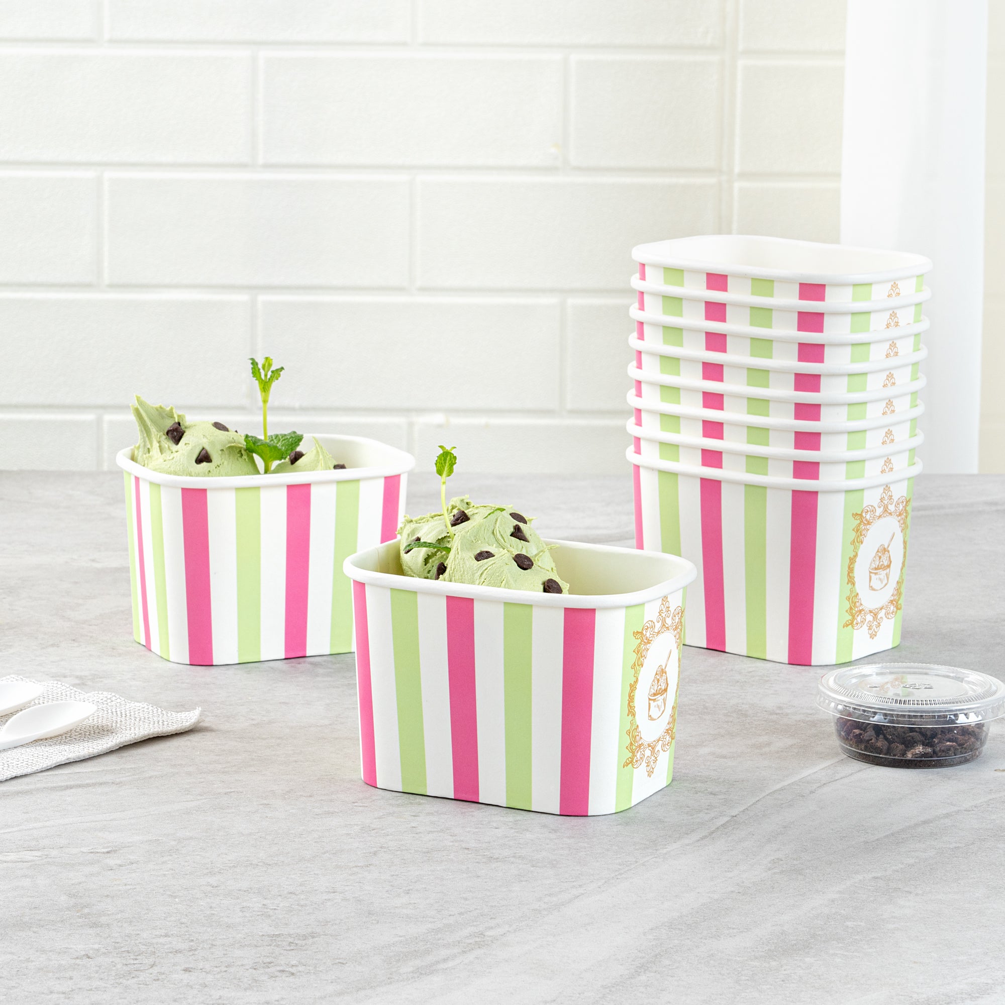 Coppetta 12 oz Square Green And Pink Stripe Paper To Go Cup - 4 1/4" x 3 1/4" x 2 3/4" - 200 count box