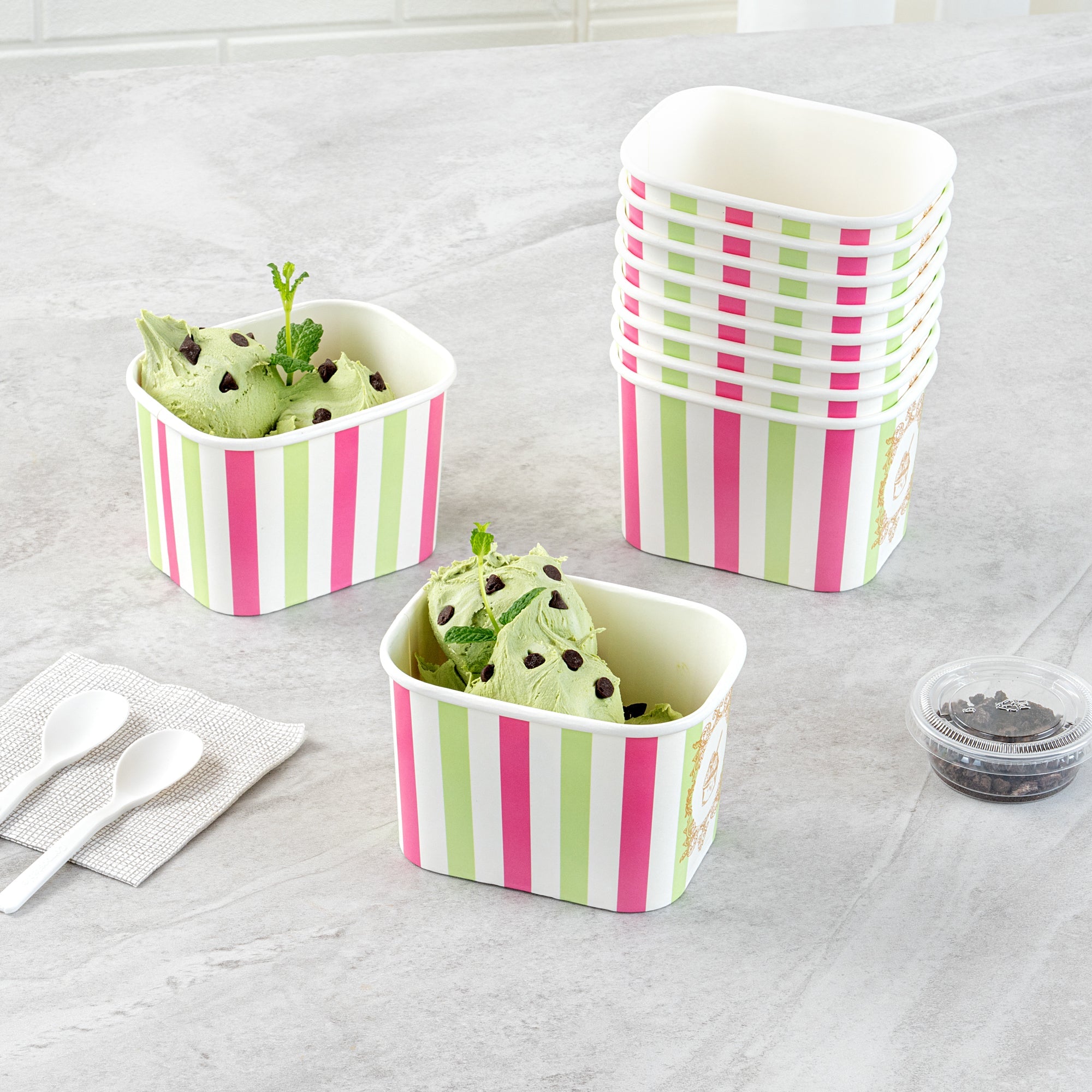 Coppetta 12 oz Square Green And Pink Stripe Paper To Go Cup - 4 1/4" x 3 1/4" x 2 3/4" - 200 count box