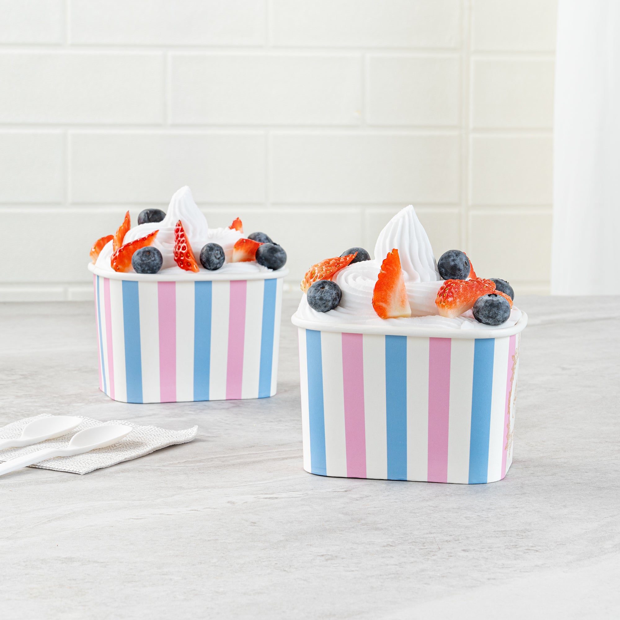 Coppetta 12 oz Square Pink And Blue Stripe Paper To Go Cup - 4 1/4" x 3 1/4" x 2 3/4" - 200 count box