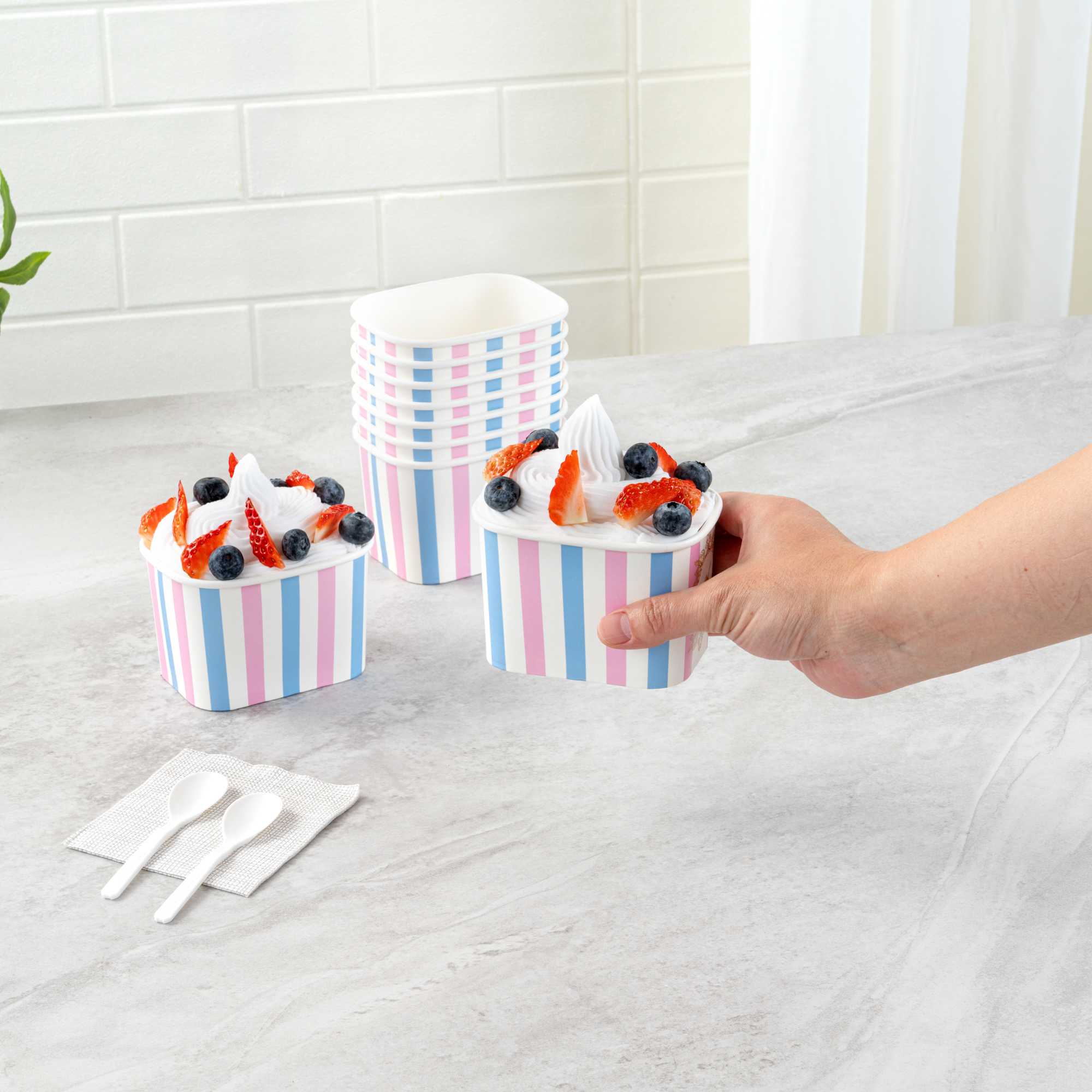 Coppetta 12 oz Square Pink And Blue Stripe Paper To Go Cup - 4 1/4" x 3 1/4" x 2 3/4" - 50 count box