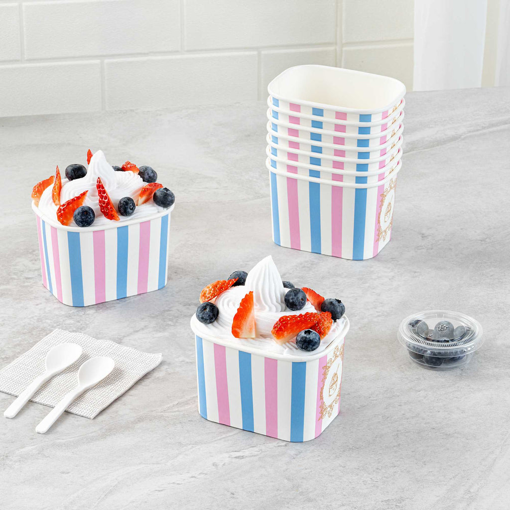 Coppetta 12 oz Square Pink And Blue Stripe Paper To Go Cup - 4 1/4" x 3 1/4" x 2 3/4" - 50 count box