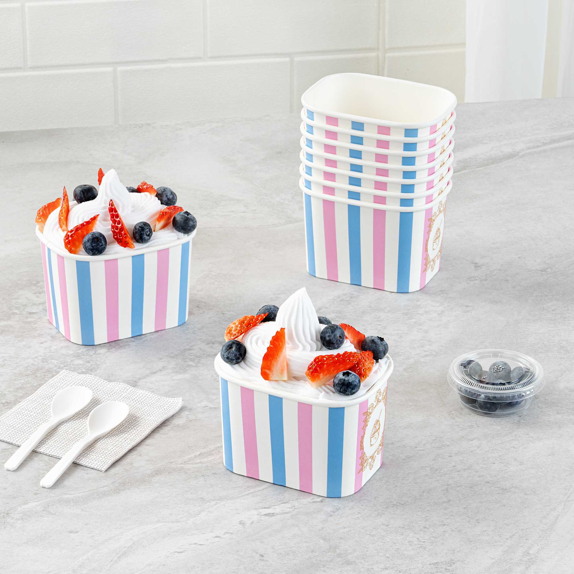 Coppetta 12 oz Square Pink And Blue Stripe Paper To Go Cup - 4 1/4" x 3 1/4" x 2 3/4" - 50 count box