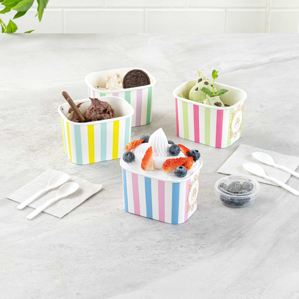 Coppetta 12 oz Square Pink And Blue Stripe Paper To Go Cup - 4 1/4" x 3 1/4" x 2 3/4" - 50 count box