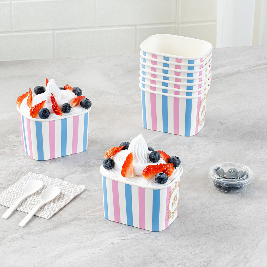 Coppetta 12 oz Square Pink And Blue Stripe Paper To Go Cup - 4 1/4" x 3 1/4" x 2 3/4" - 200 count box