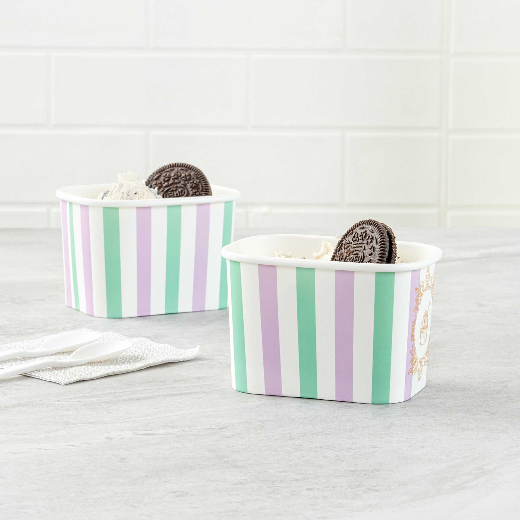 Coppetta 12 oz Square Purple And Blue Stripe Paper To Go Cup - 4 1/4" x 3 1/4" x 2 3/4" - 50 count box