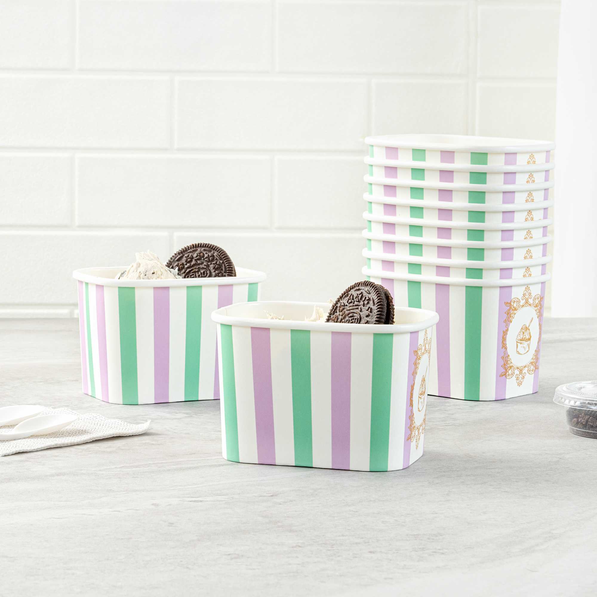 Coppetta 12 oz Square Purple And Blue Stripe Paper To Go Cup - 4 1/4" x 3 1/4" x 2 3/4" - 50 count box