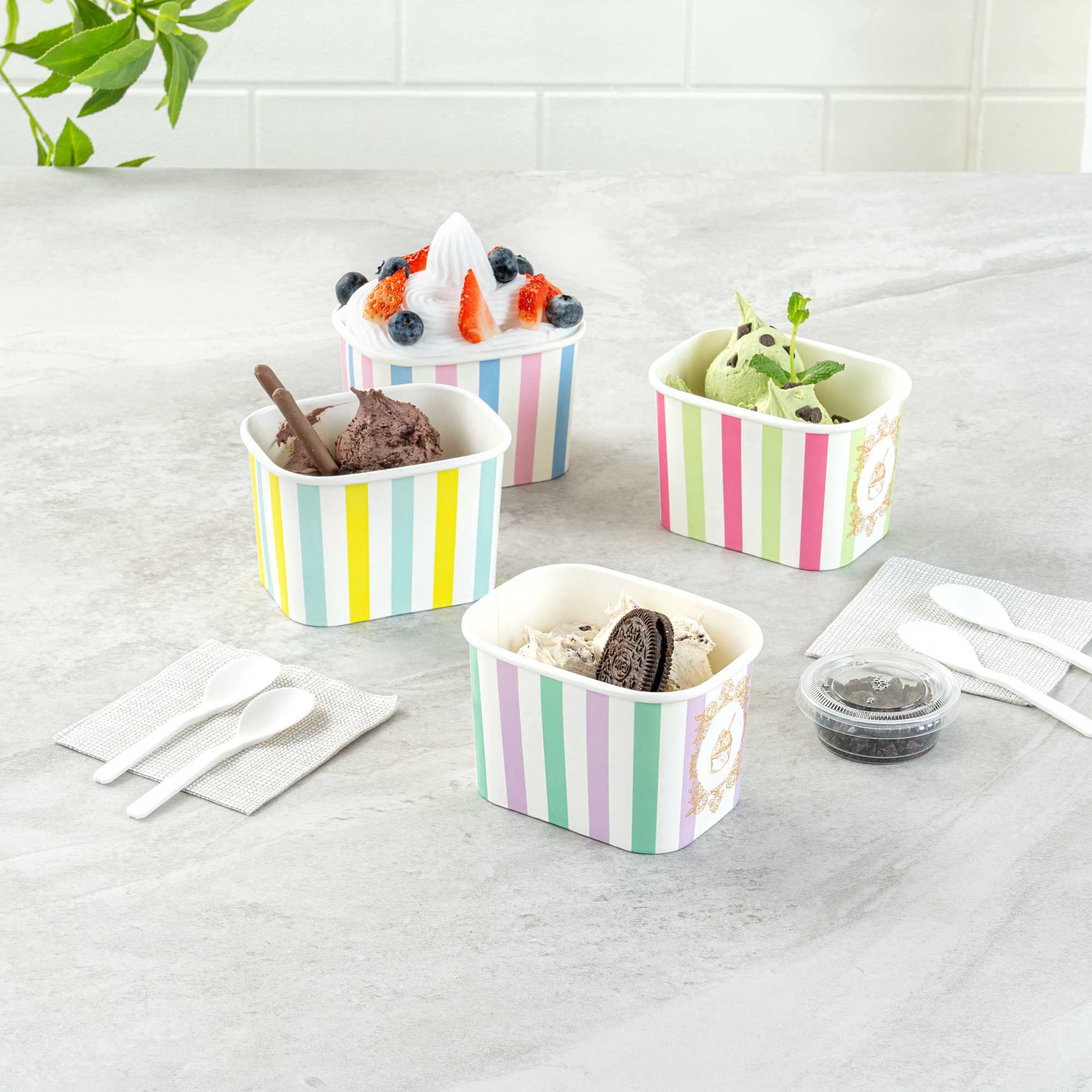Coppetta 12 oz Square Purple And Blue Stripe Paper To Go Cup - 4 1/4" x 3 1/4" x 2 3/4" - 50 count box