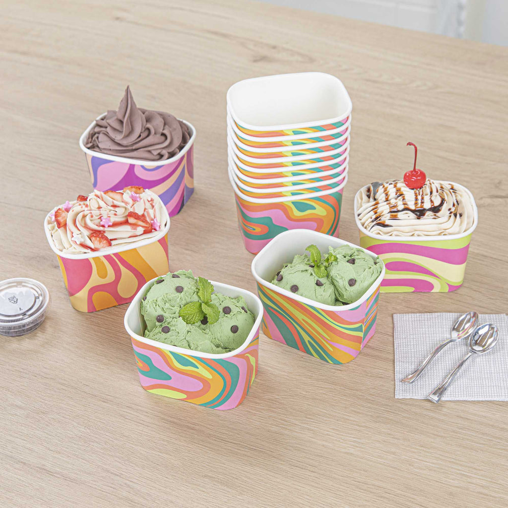 Coppetta 12 oz Square Psychedelic Sunrise Paper To Go Cup - 4 1/4" x 3 1/4" x 2 3/4" - 50 count box