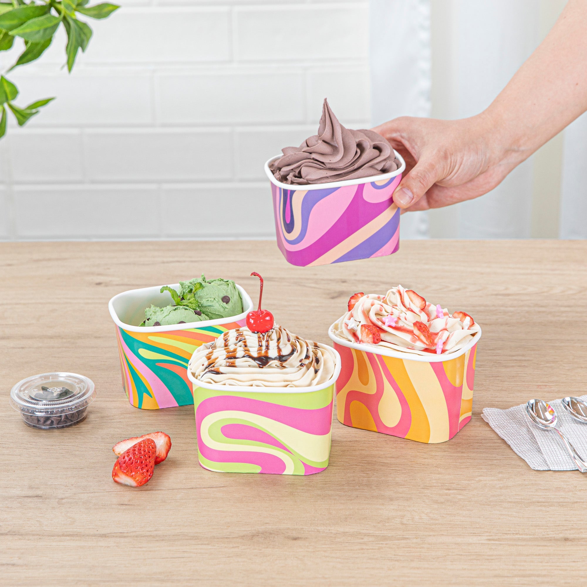 Coppetta 12 oz Square Assorted Groovy Paper To Go Cup - 4 1/4" x 3 1/4" x 2 3/4" - 200 count box