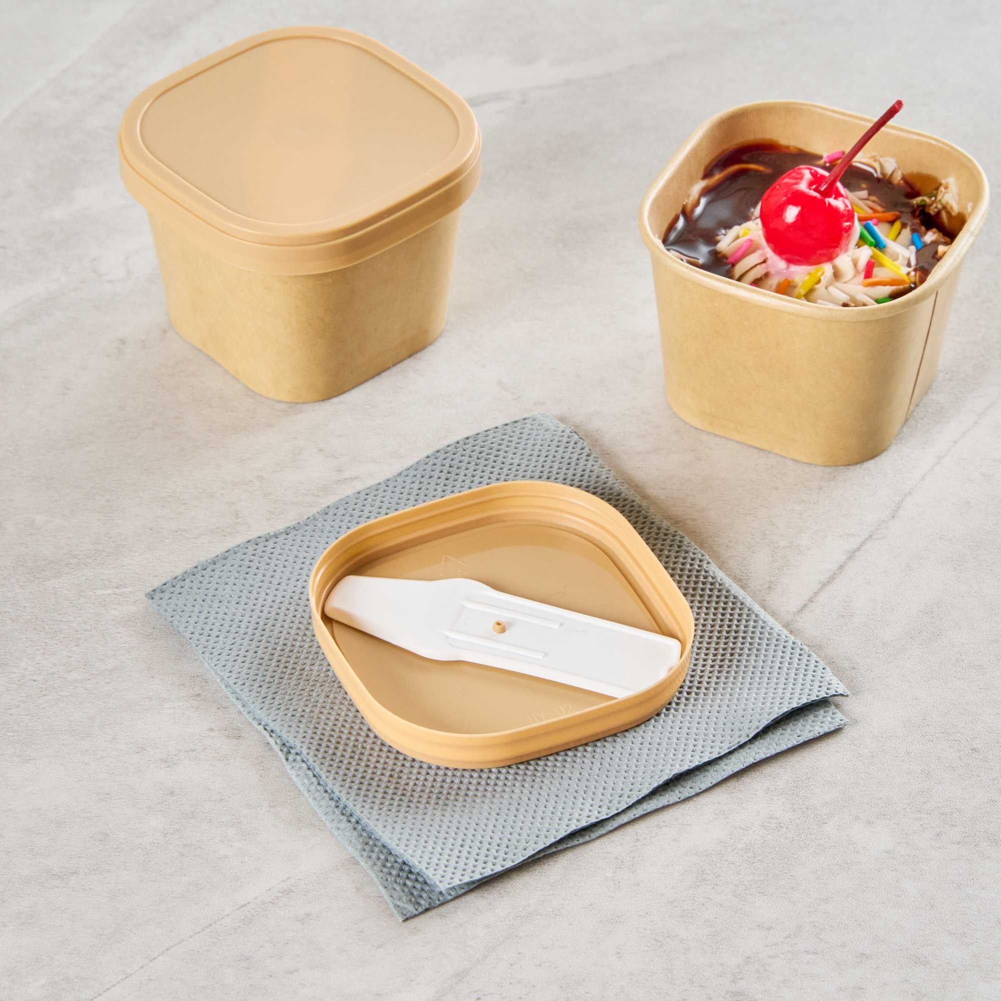 Coppetta Square Brown Plastic Lid - Fits 3 oz To Go Cup, with Spoon - 50 count box