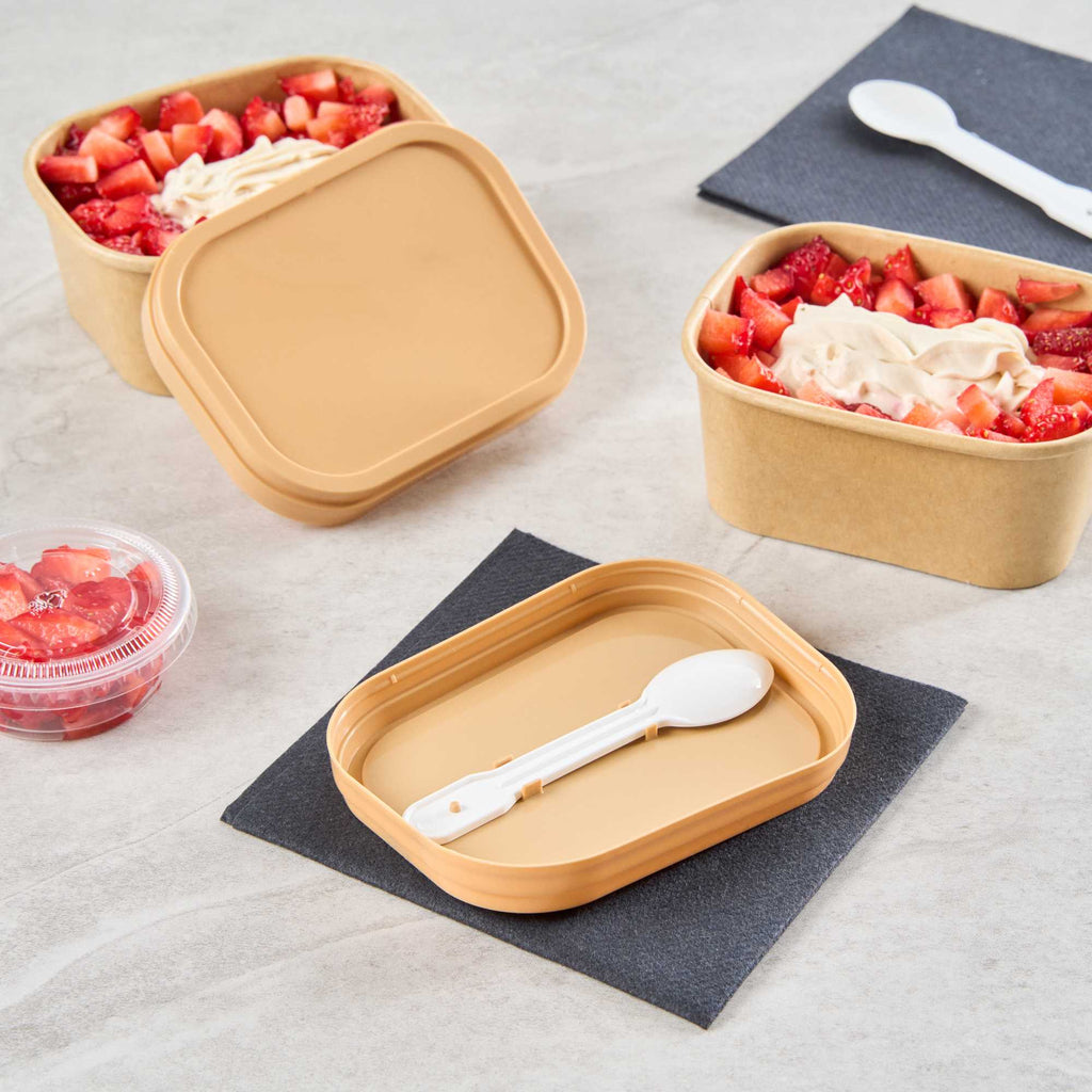 Coppetta Square Brown Plastic Lid - Fits 7 and 12 oz To Go Cups, with Spoon - 50 count box