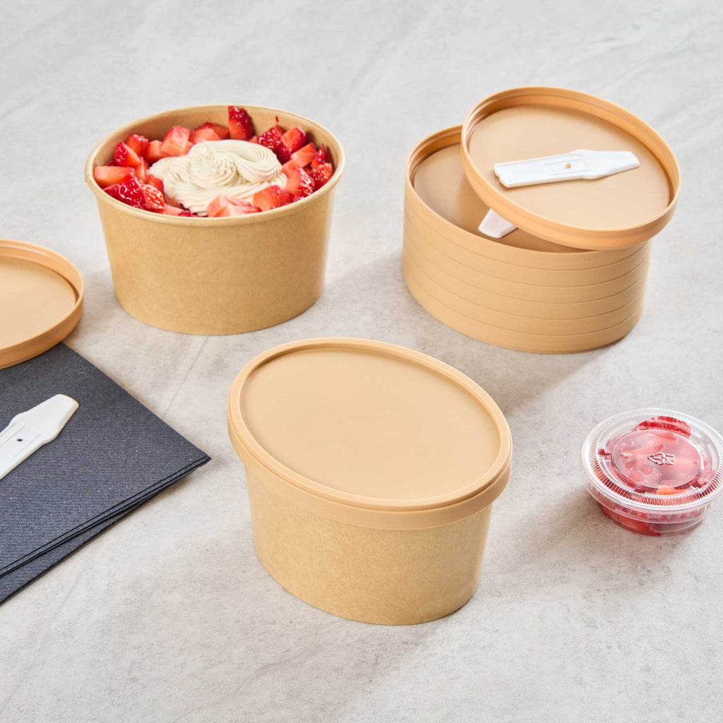 Coppetta Oval Brown Plastic Lid - Fits 12 oz To Go Cup, with Spoon - 50 count box