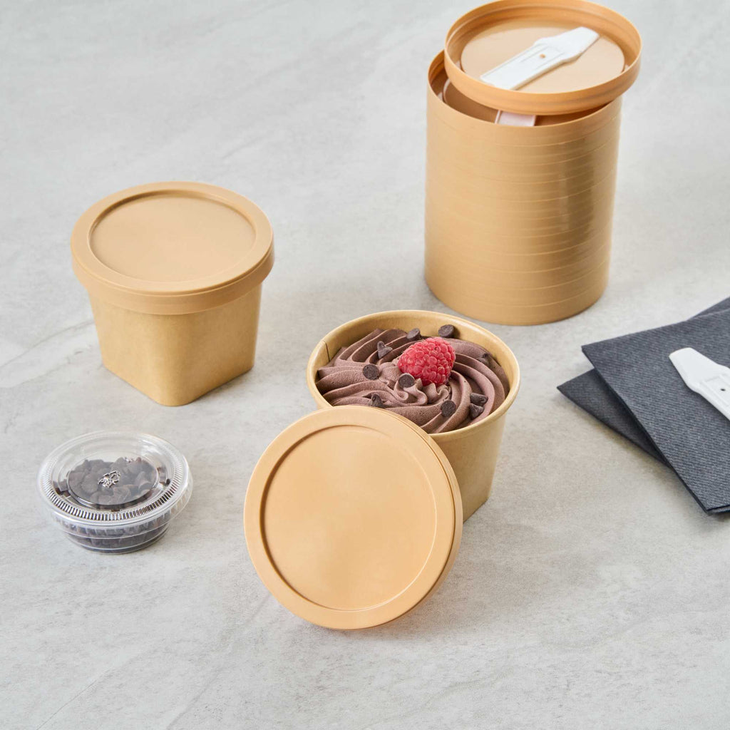 Coppetta Round Brown Plastic Lid - Fits 6 and 13 oz To Go Cups, with Spoon - 50 count box