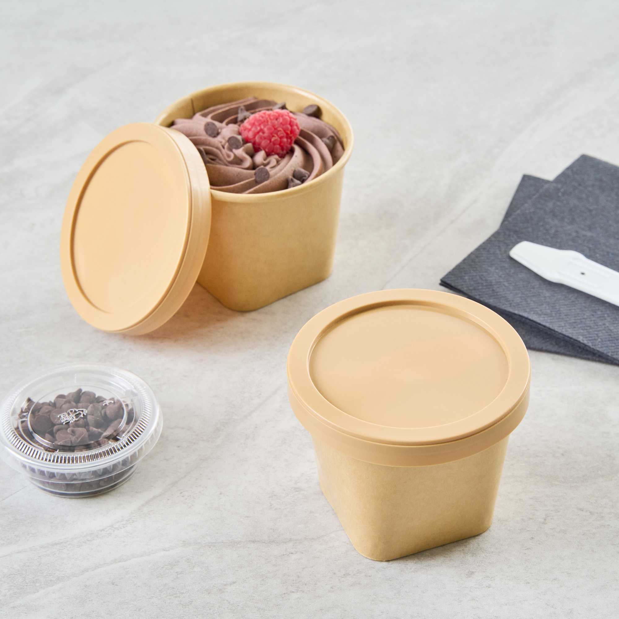 Coppetta Round Brown Plastic Lid - Fits 6 and 13 oz To Go Cups, with Spoon - 50 count box