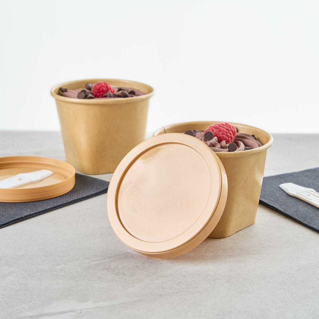 Coppetta Round Brown Plastic Lid - Fits 6 and 13 oz To Go Cups, with Spoon - 50 count box