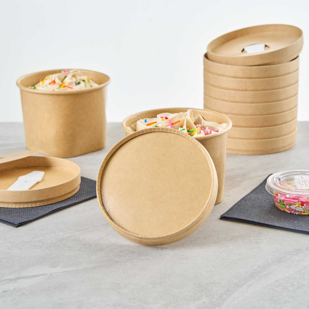Coppetta Round Brown Paper Lid - Fits 12 oz To Go Cup, with Spoon - 3 3/4" x 3 3/4" x 1/2" - 50 count box