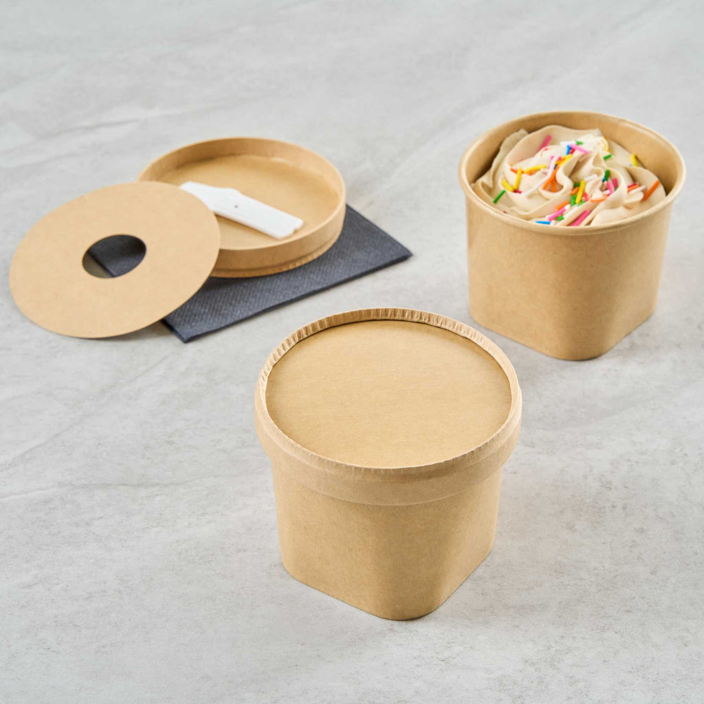 Coppetta Round Brown Paper Lid - Fits 12 oz To Go Cup, with Spoon - 3 3/4" x 3 3/4" x 1/2" - 50 count box