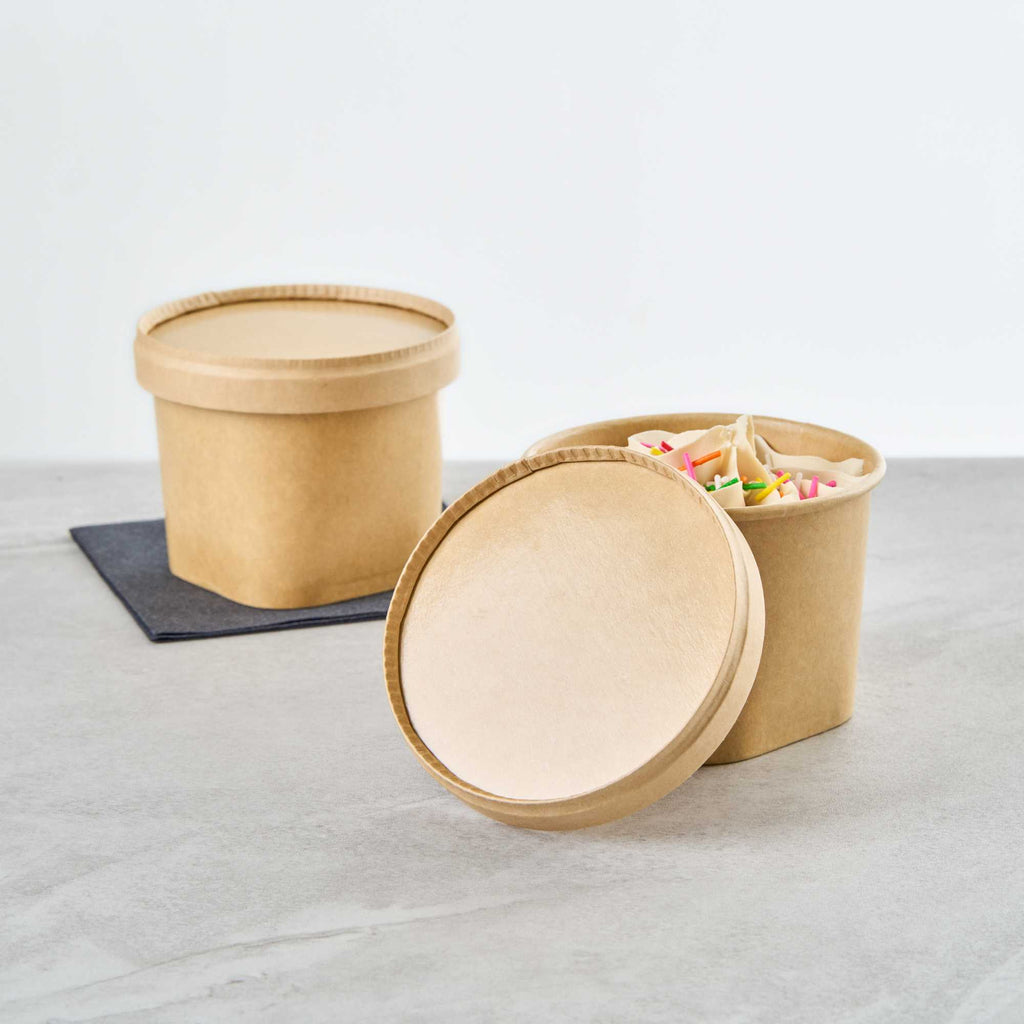 Coppetta Round Brown Paper Lid - Fits 12 oz To Go Cup, with Spoon - 3 3/4" x 3 3/4" x 1/2" - 50 count box