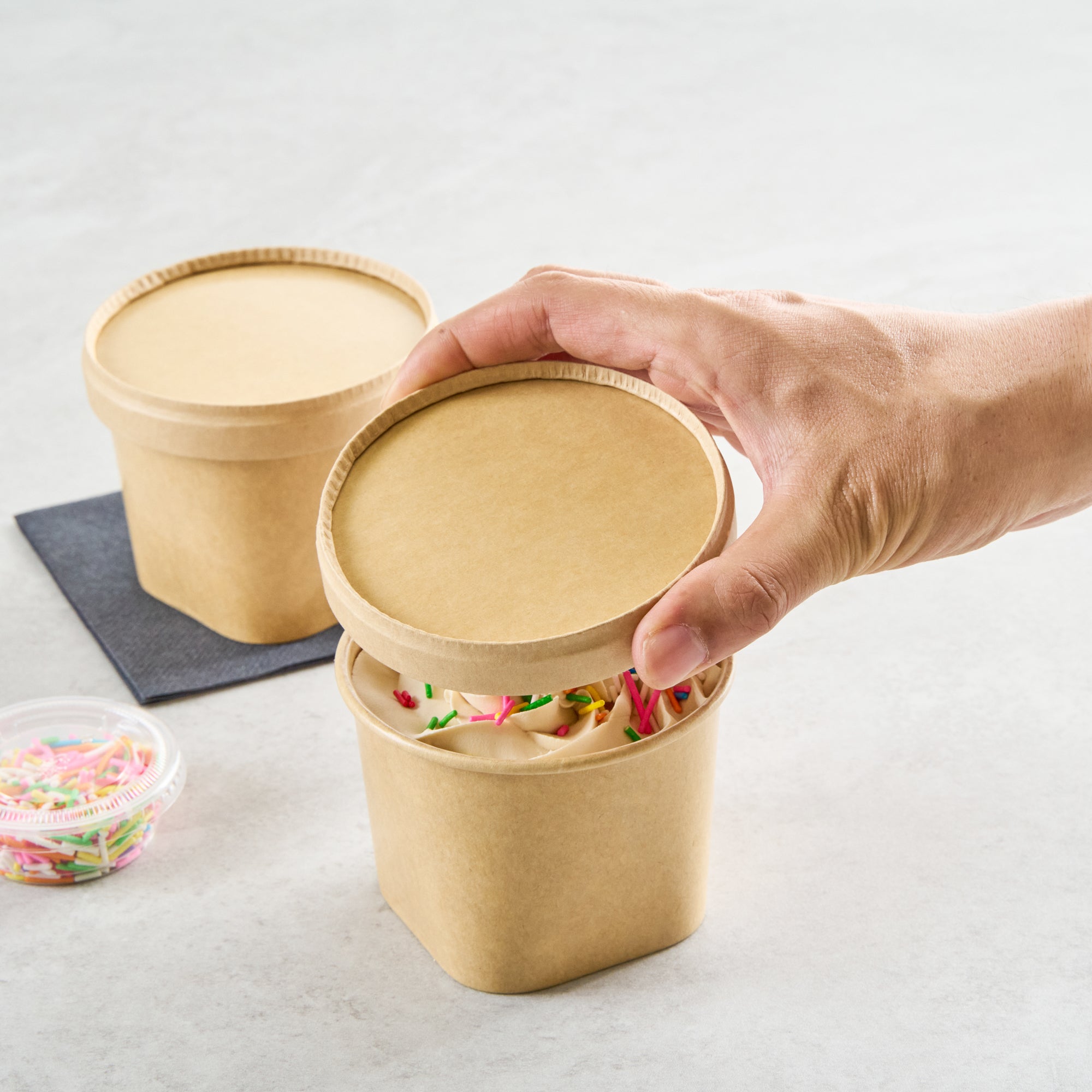 Coppetta Round Brown Paper Lid - Fits 12 oz To Go Cup, with Spoon - 3 3/4" x 3 3/4" x 1/2" - 200 count box