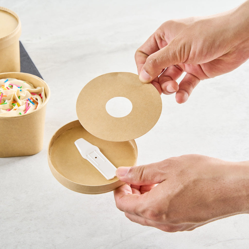 Coppetta Round Brown Paper Lid - Fits 12 oz To Go Cup, with Spoon - 3 3/4" x 3 3/4" x 1/2" - 200 count box