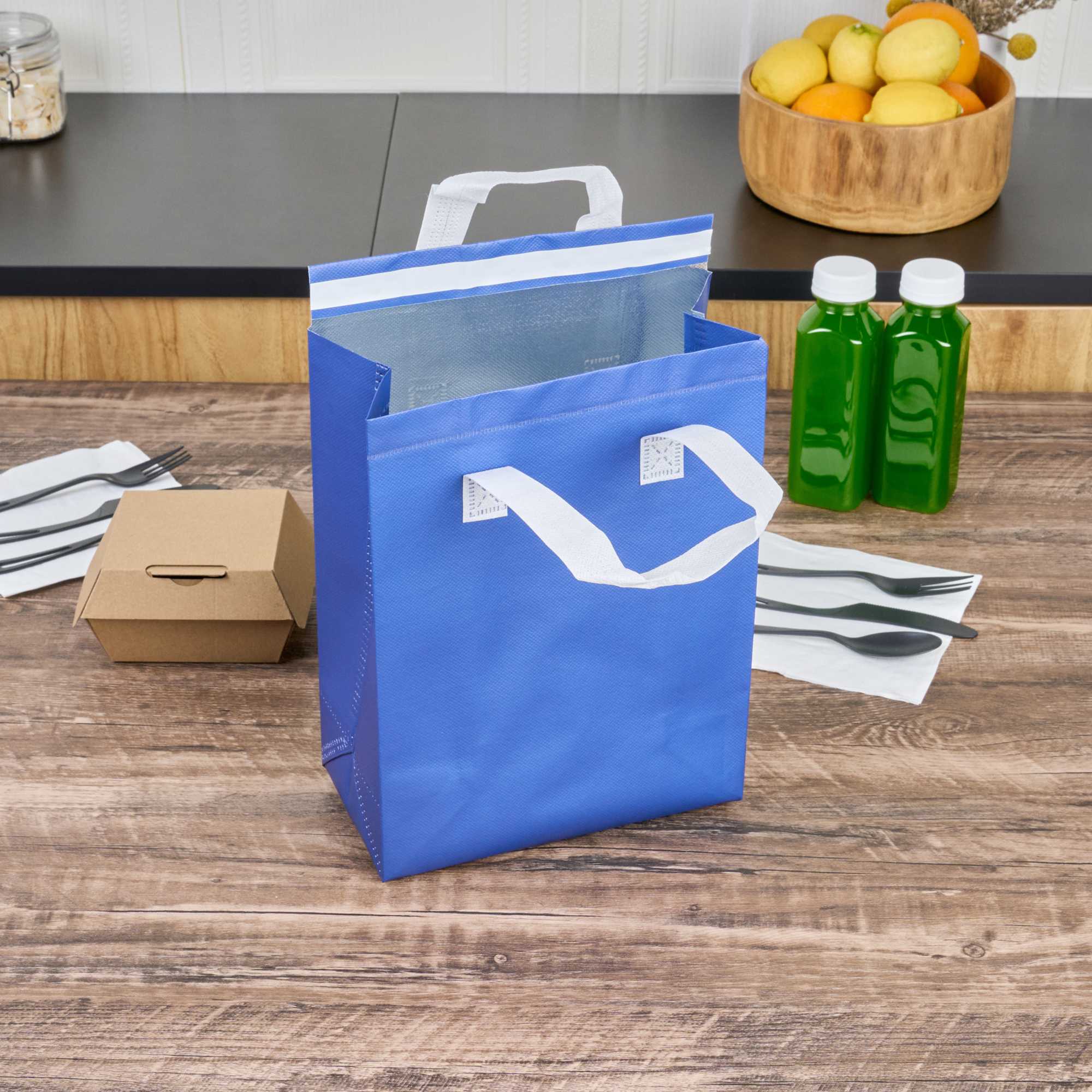 Bag Tek Blue Insulated Take Out Bag - Tamper-Evident - 8 1/4" x 4 1/4" x 10 3/4" - 25 count box