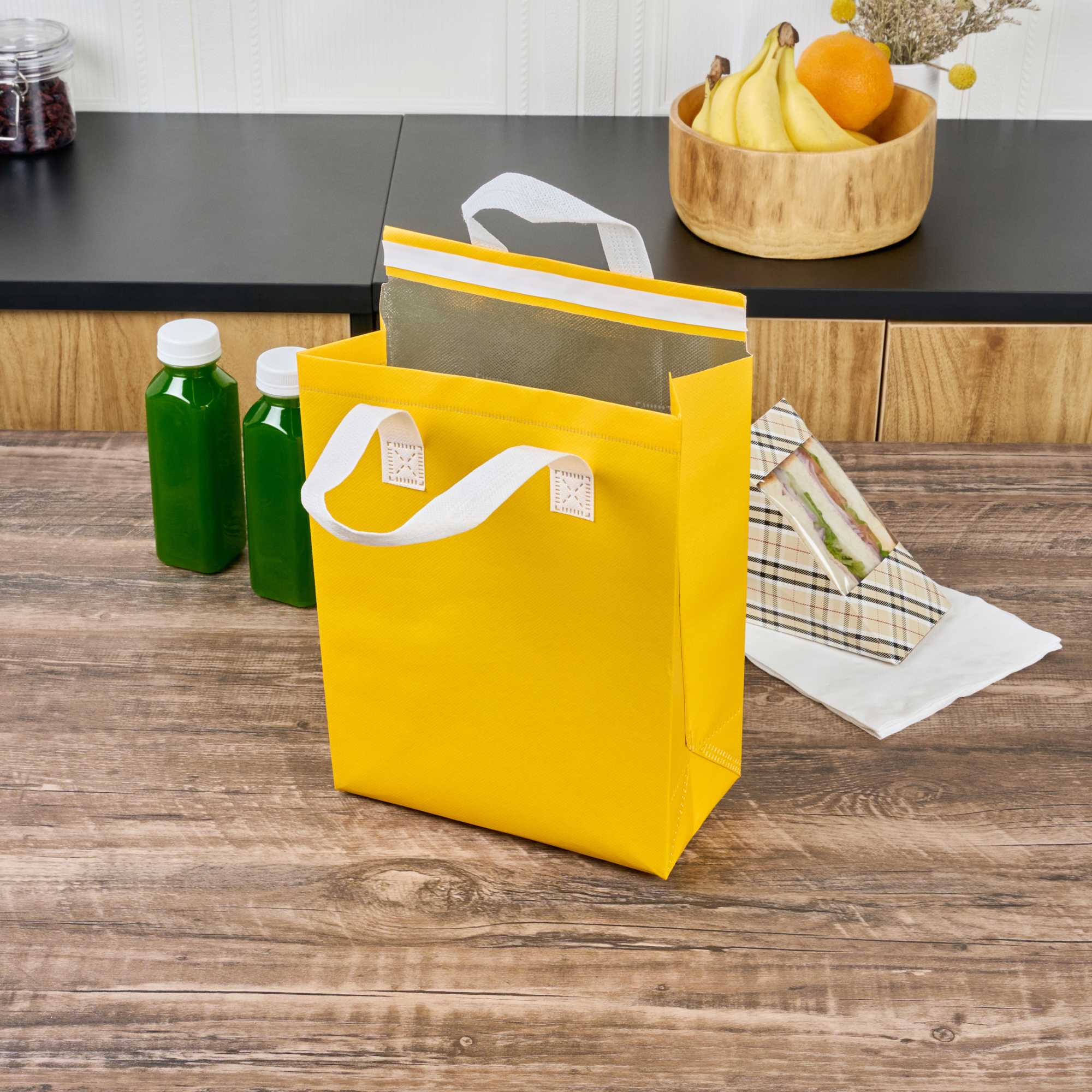 Bag Tek Yellow Insulated Take Out Bag - Tamper-Evident - 8 1/4" x 4 1/4" x 10 3/4" - 25 count box