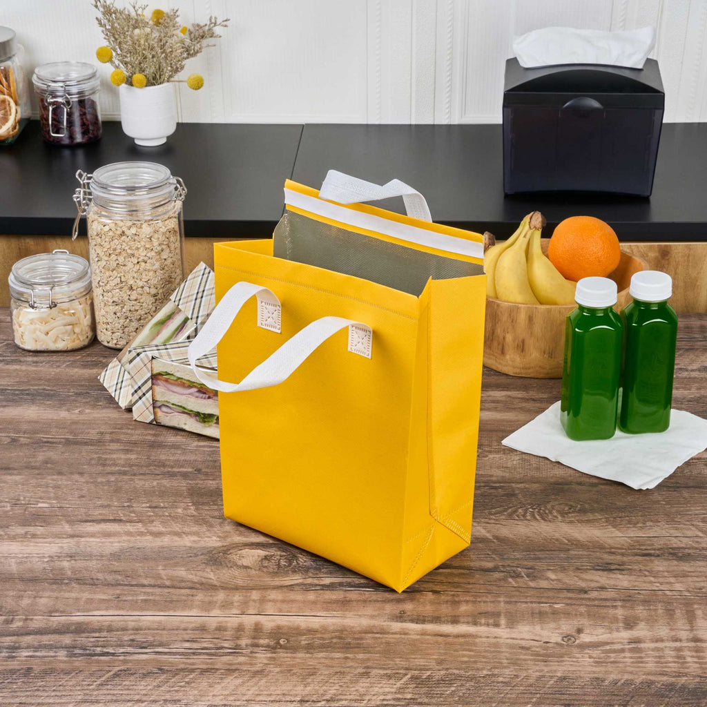Bag Tek Yellow Insulated Take Out Bag - Tamper-Evident - 8 1/4" x 4 1/4" x 10 3/4" - 25 count box
