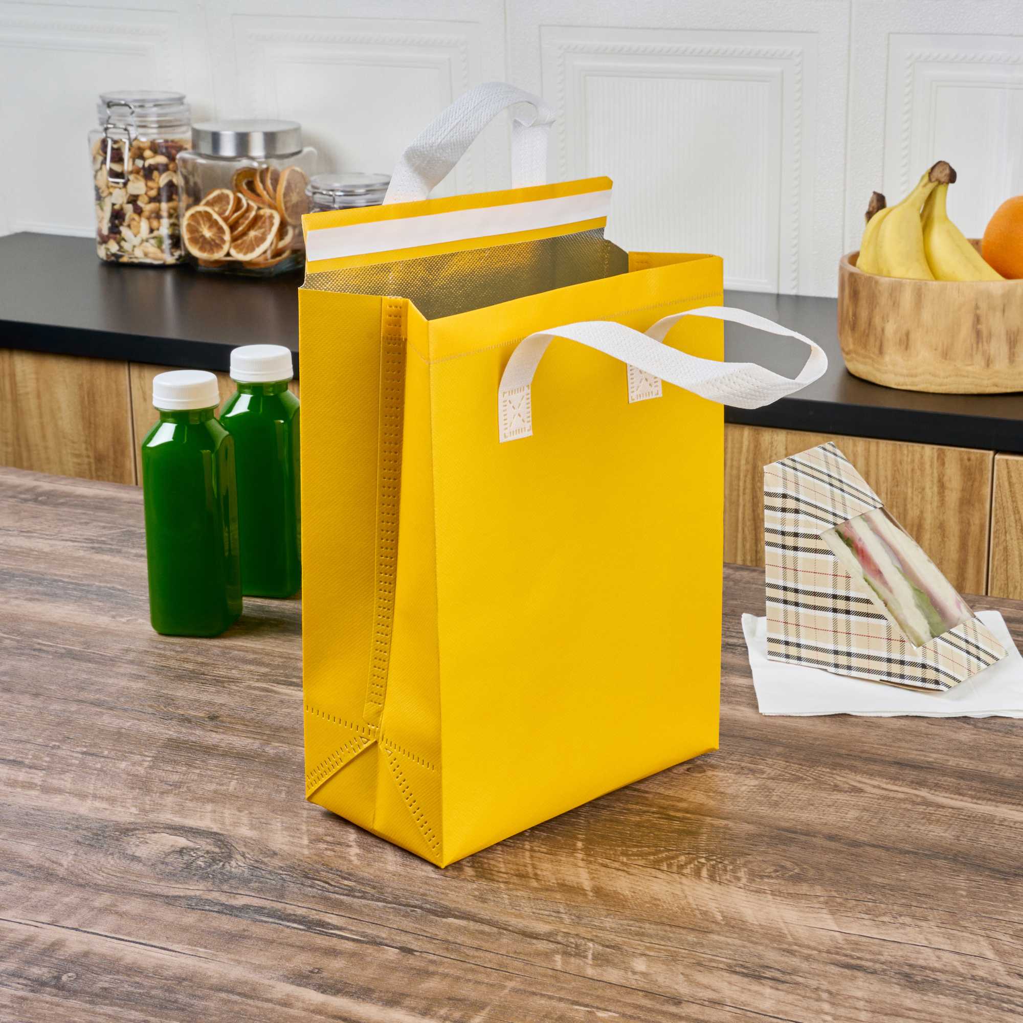 Bag Tek Yellow Insulated Take Out Bag - Tamper-Evident - 8 1/4" x 4 1/4" x 10 3/4" - 25 count box