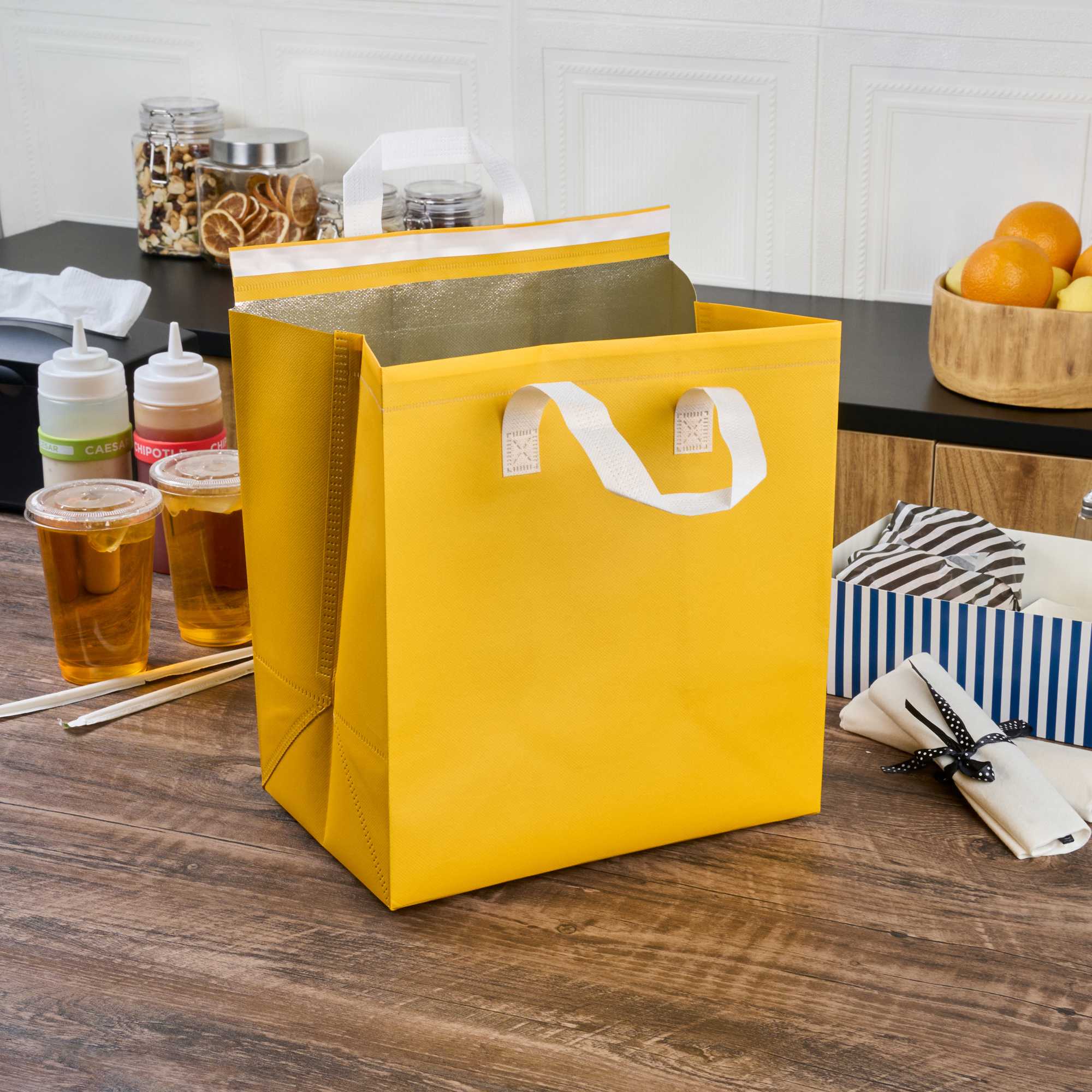 Bag Tek Yellow Insulated Take Out Bag - Tamper-Evident - 11 3/4" x 7 3/4" x 12 1/2" - 25 count box