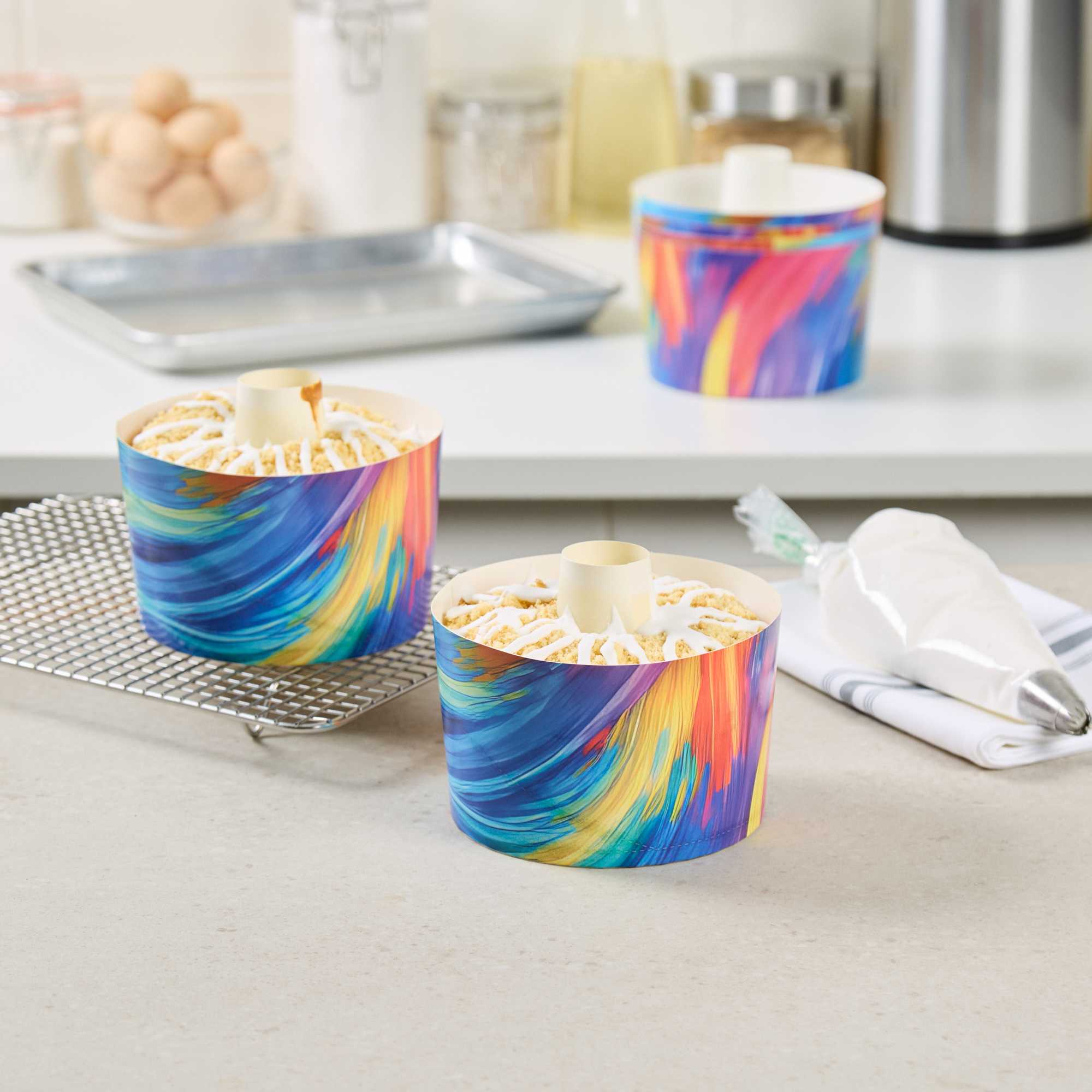 Panificio 38 oz Paper Angel Food Tube Pan - Colorful Abstract Waves, Greaseproof - 5" x 5" x 3 3/4" - 100 count box
