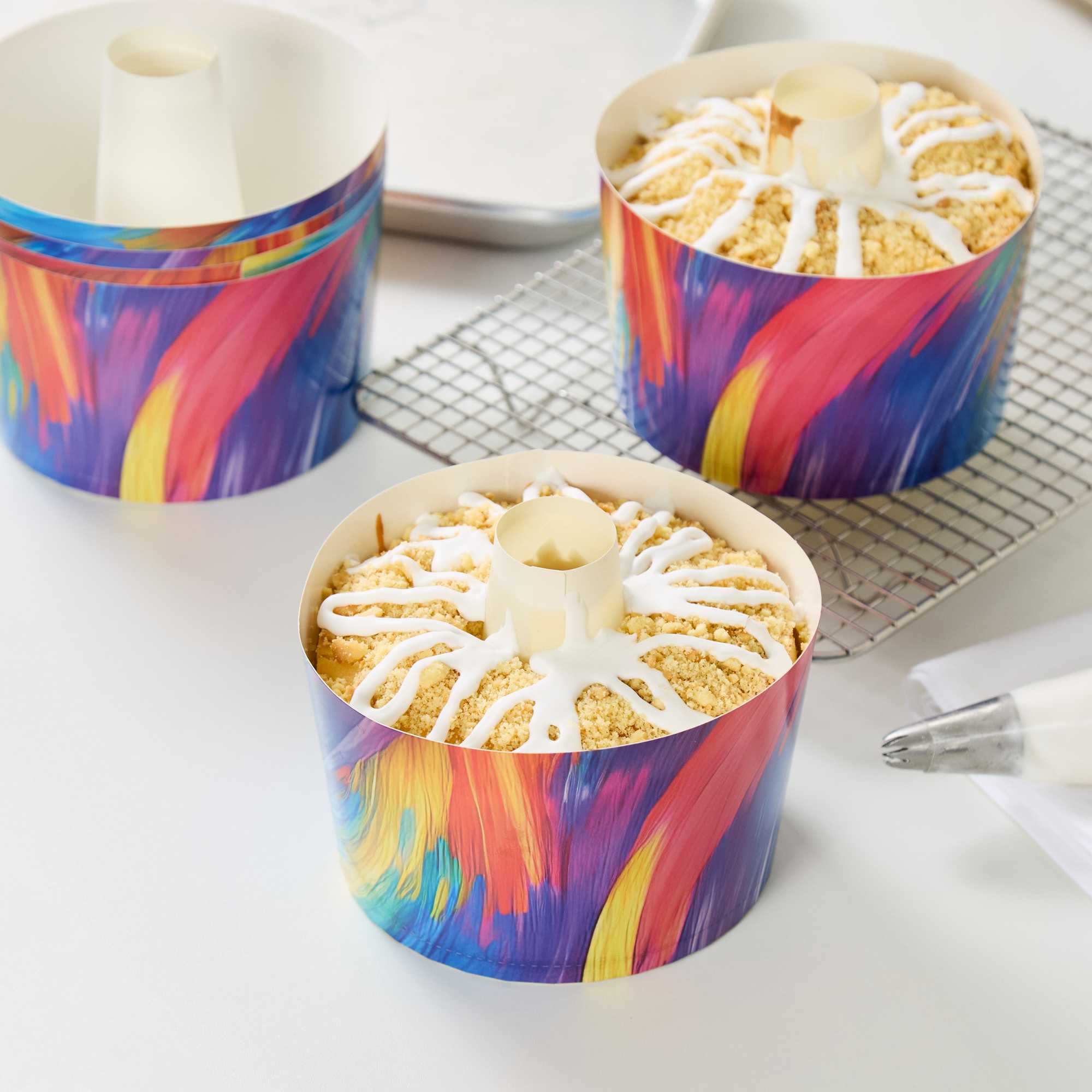 Panificio 38 oz Paper Angel Food Tube Pan - Colorful Abstract Waves, Greaseproof - 5" x 5" x 3 3/4" - 100 count box