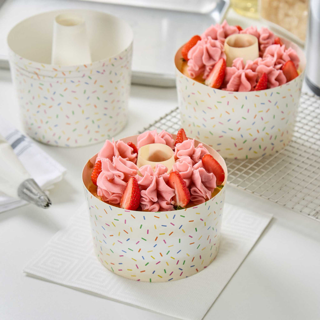 Panificio 38 oz Paper Angel Food Tube Pan - Colorful Confetti, Greaseproof - 5" x 5" x 3 3/4" - 600 count box