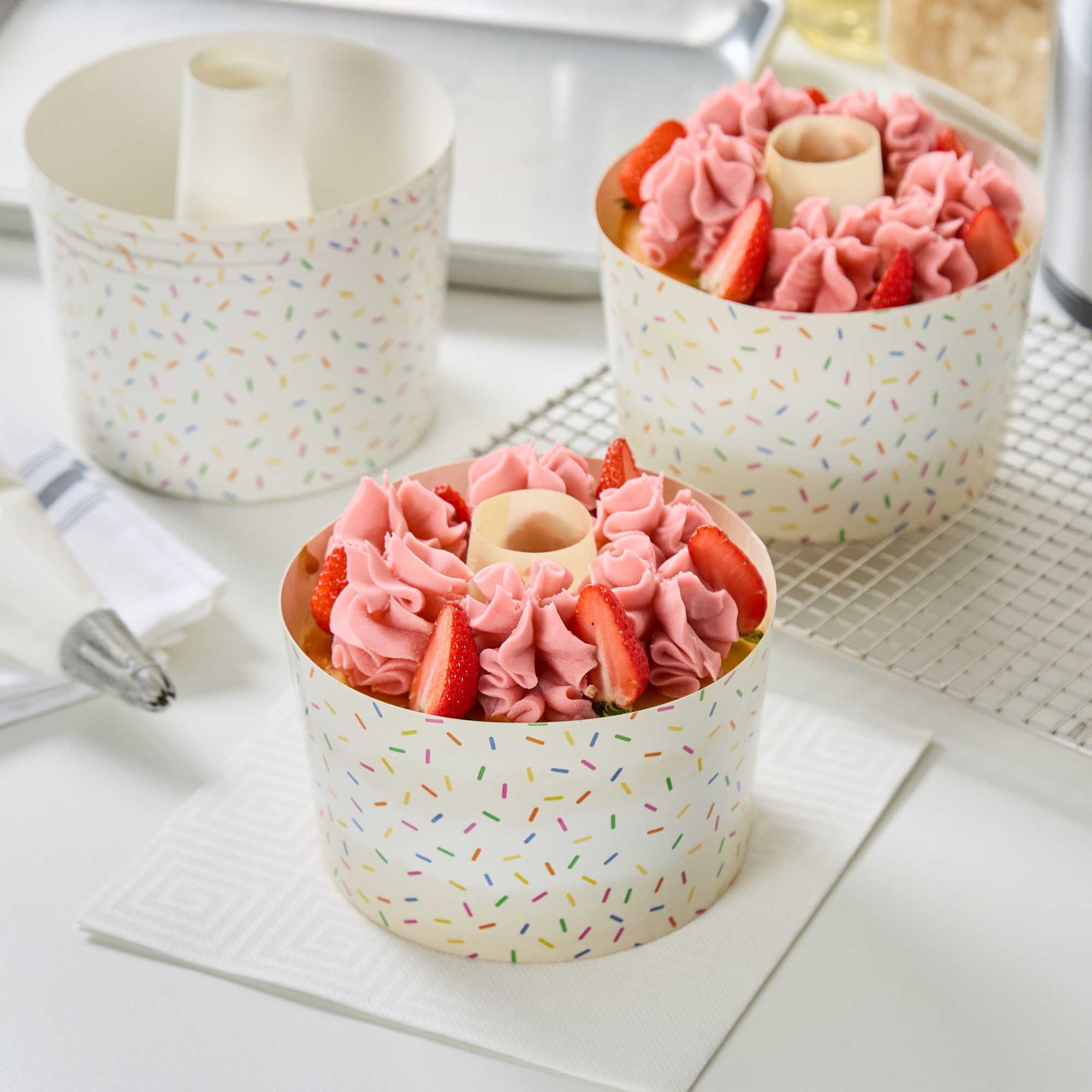 Panificio 38 oz Paper Angel Food Tube Pan - Colorful Confetti, Greaseproof - 5" x 5" x 3 3/4" - 600 count box