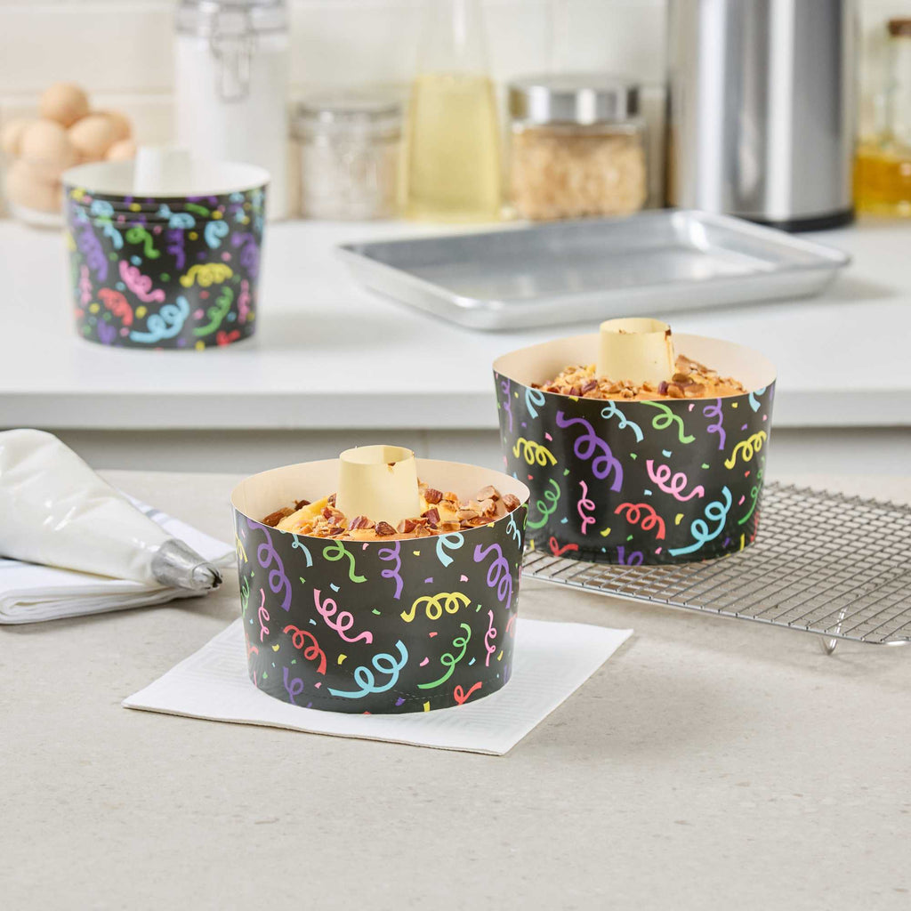 Panificio 38 oz Paper Angel Food Tube Pan - Colorful Streamers, Greaseproof - 5" x 5" x 3 3/4" - 600 count box