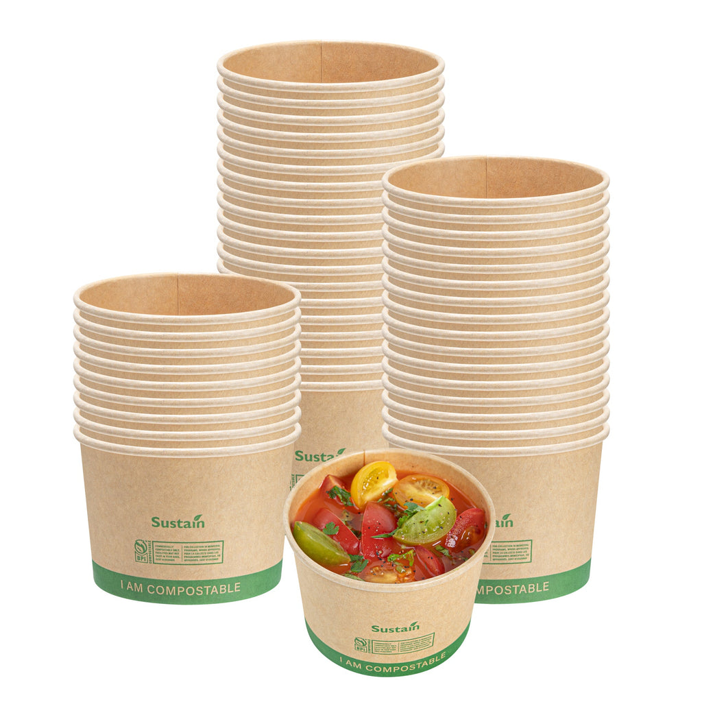 Sustain 8 oz Round Kraft Paper Soup Container - Compostable - 3 1/2" x 3 1/2" x 2 1/2" - 25 count box