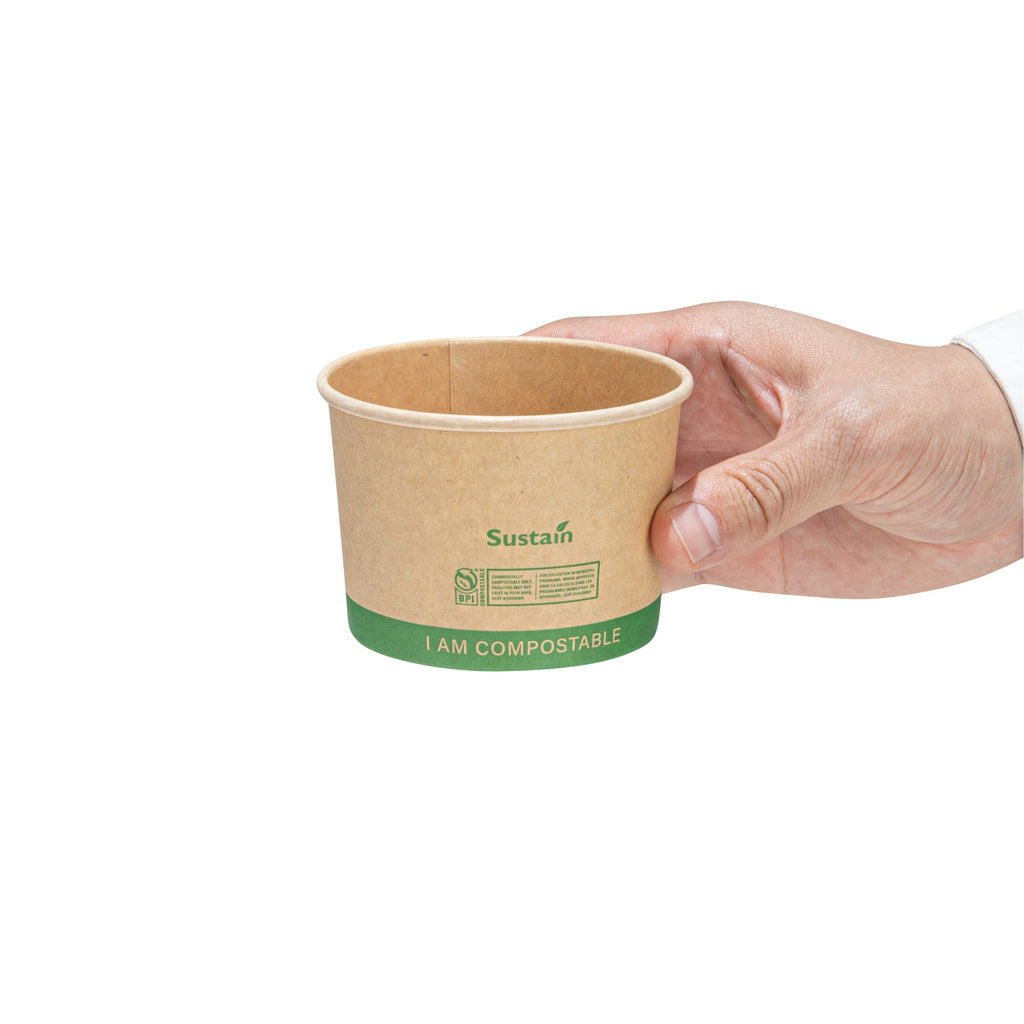 Sustain 8 oz Round Kraft Paper Soup Container - Compostable - 3 1/2" x 3 1/2" x 2 1/2" - 200 count box