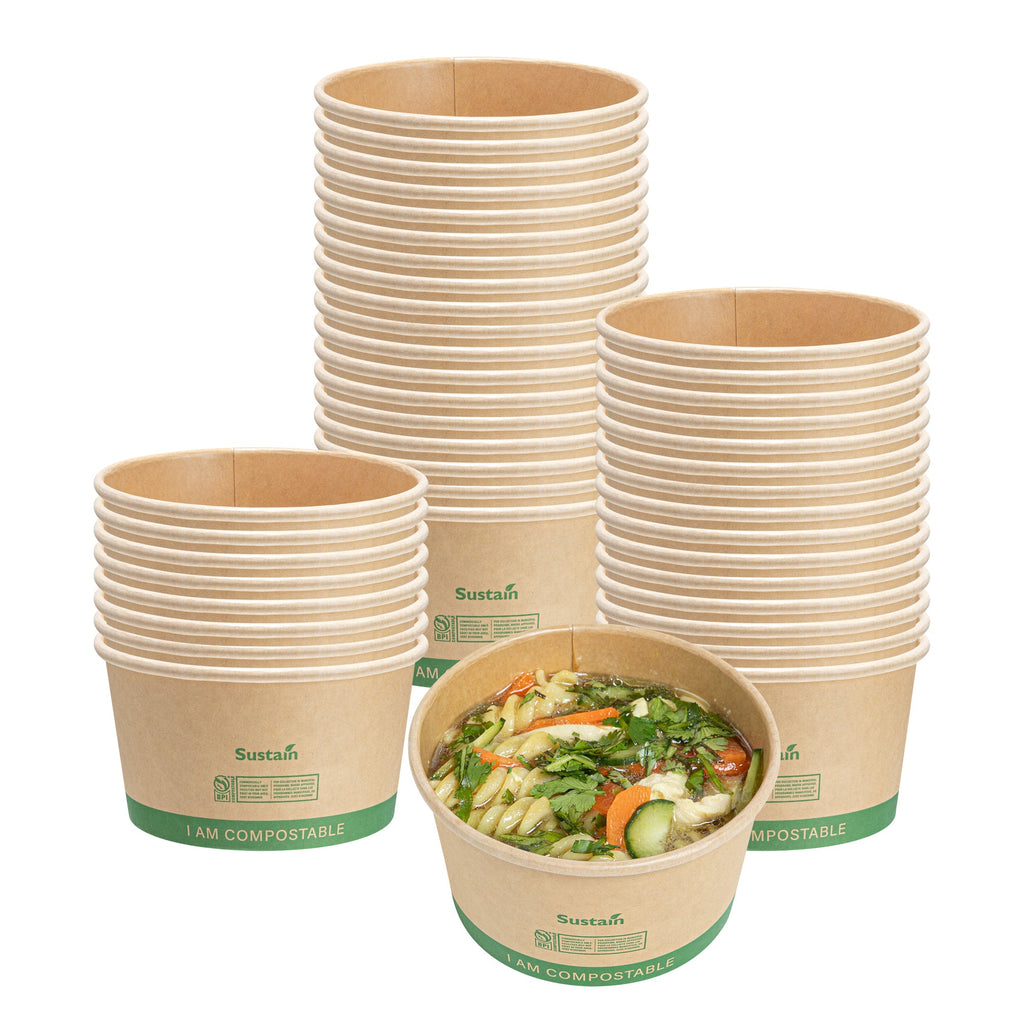 Sustain 12 oz Round Kraft Paper Soup Container - Compostable - 4 1/2" x 4 1/2" x 2 1/2" - 25 count box