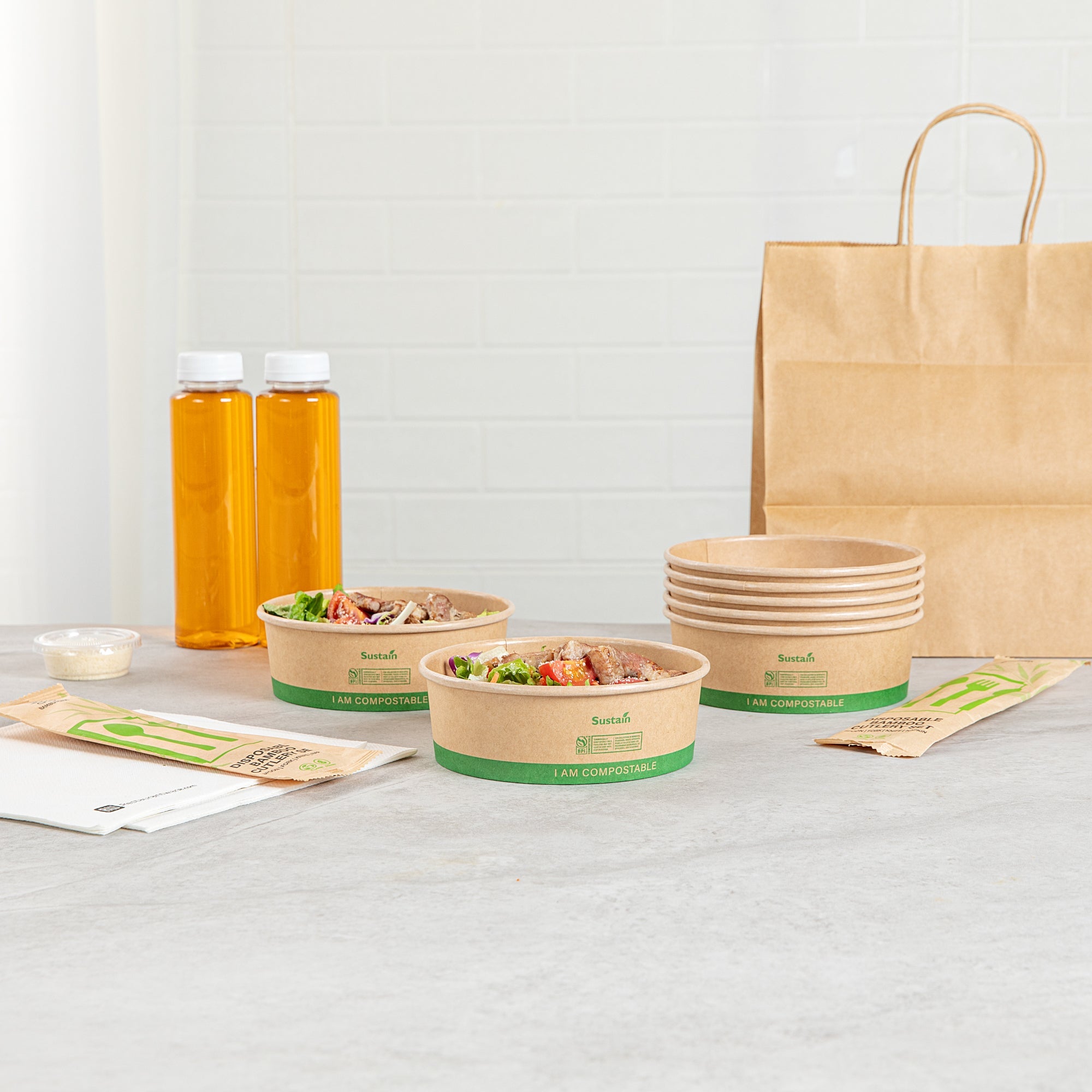 Sustain 17 oz Round Kraft Paper Take Out Container - Compostable - 5 3/4" x 5 3/4" x 2" - 200 count box