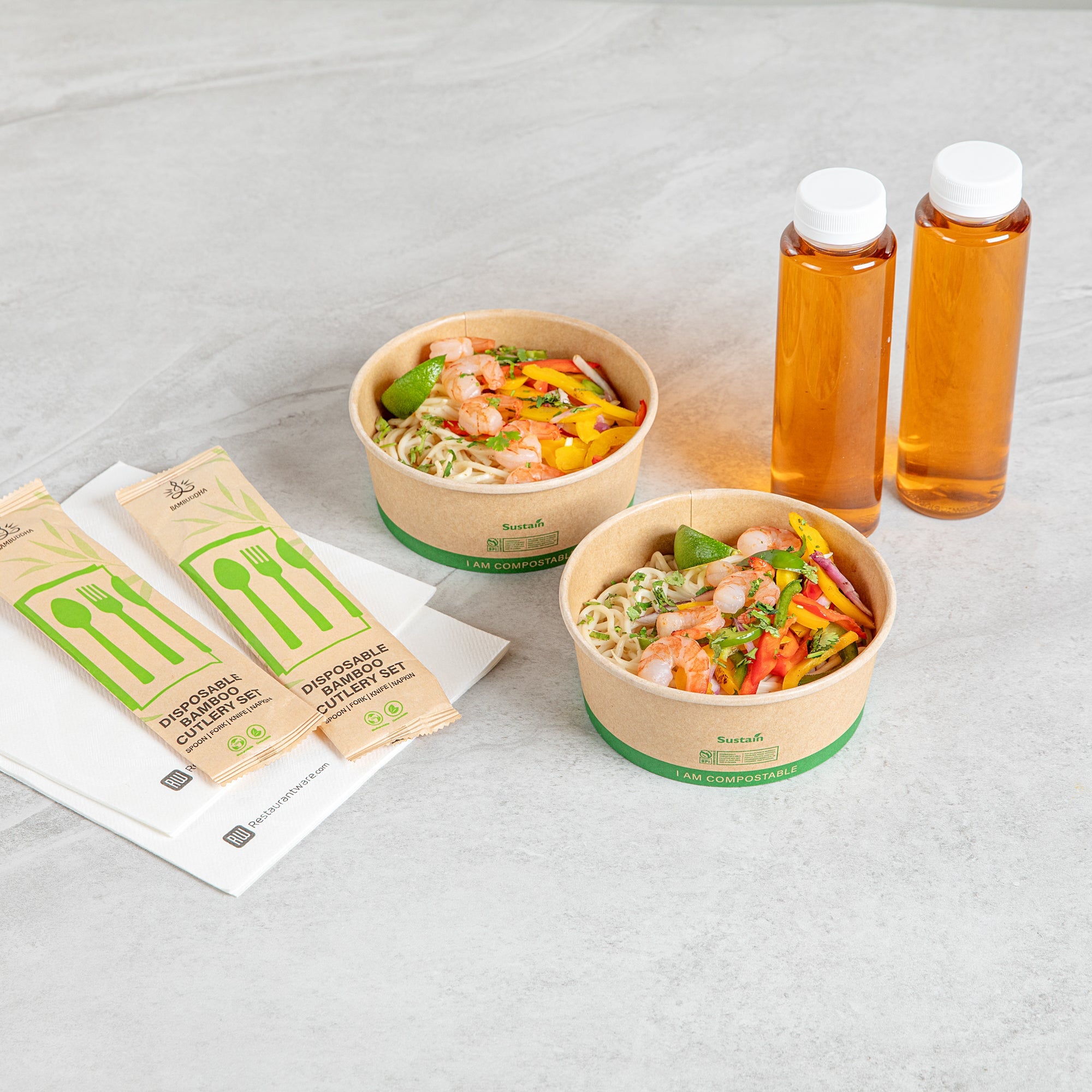 Sustain 25 oz Round Kraft Paper Take Out Container - Compostable - 5 3/4" x 5 3/4" x 2 1/4" - 200 count box