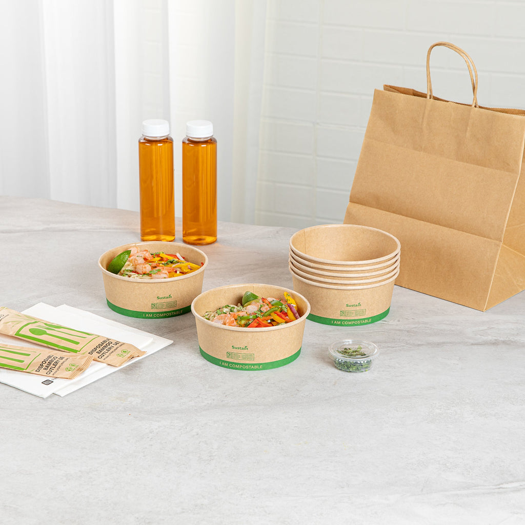 Sustain 25 oz Round Kraft Paper Take Out Container - Compostable - 5 3/4" x 5 3/4" x 2 1/4" - 200 count box