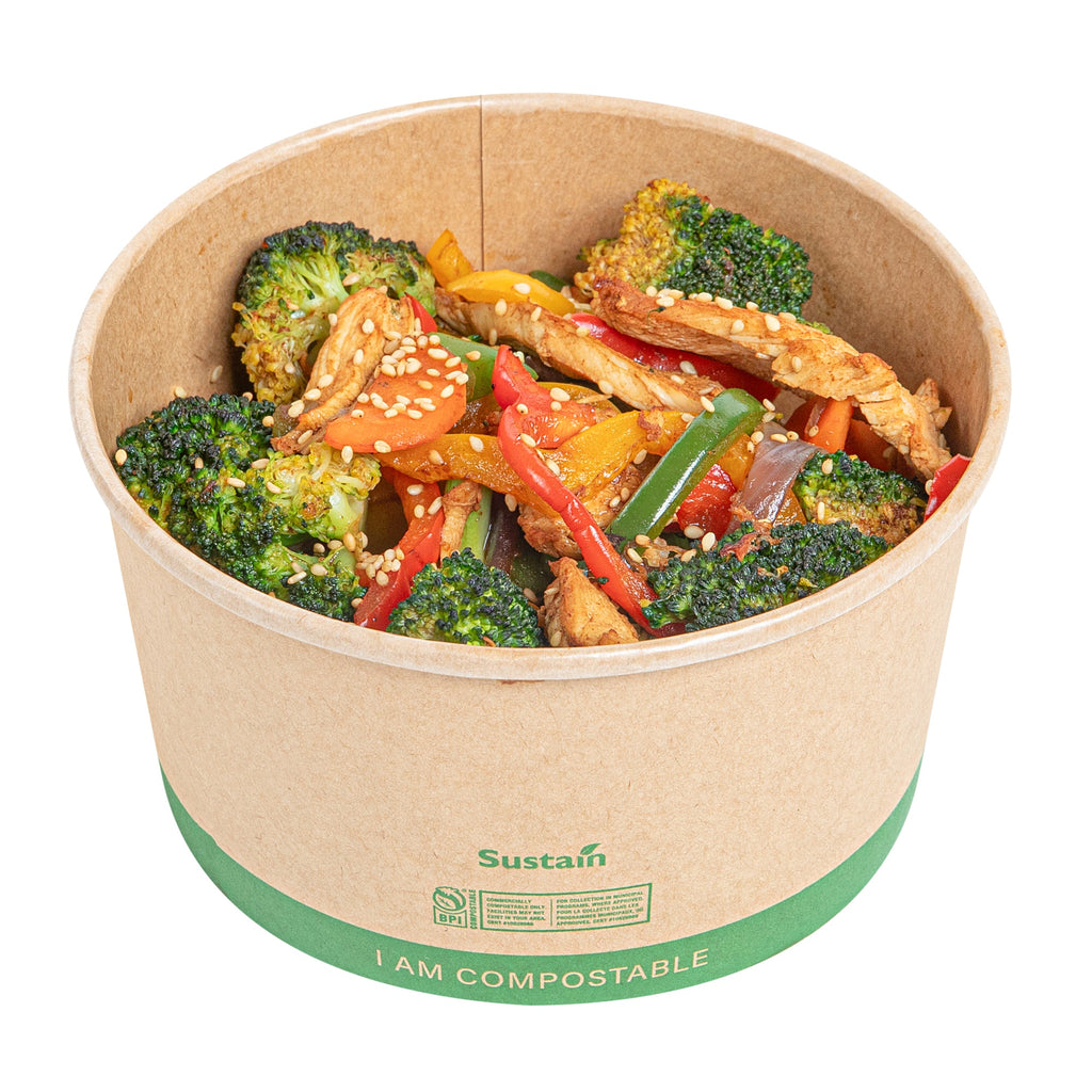 Sustain 34 oz Round Kraft Paper Take Out Container - Compostable - 5 3/4" x 5 3/4" x 3 1/4" - 200 count box
