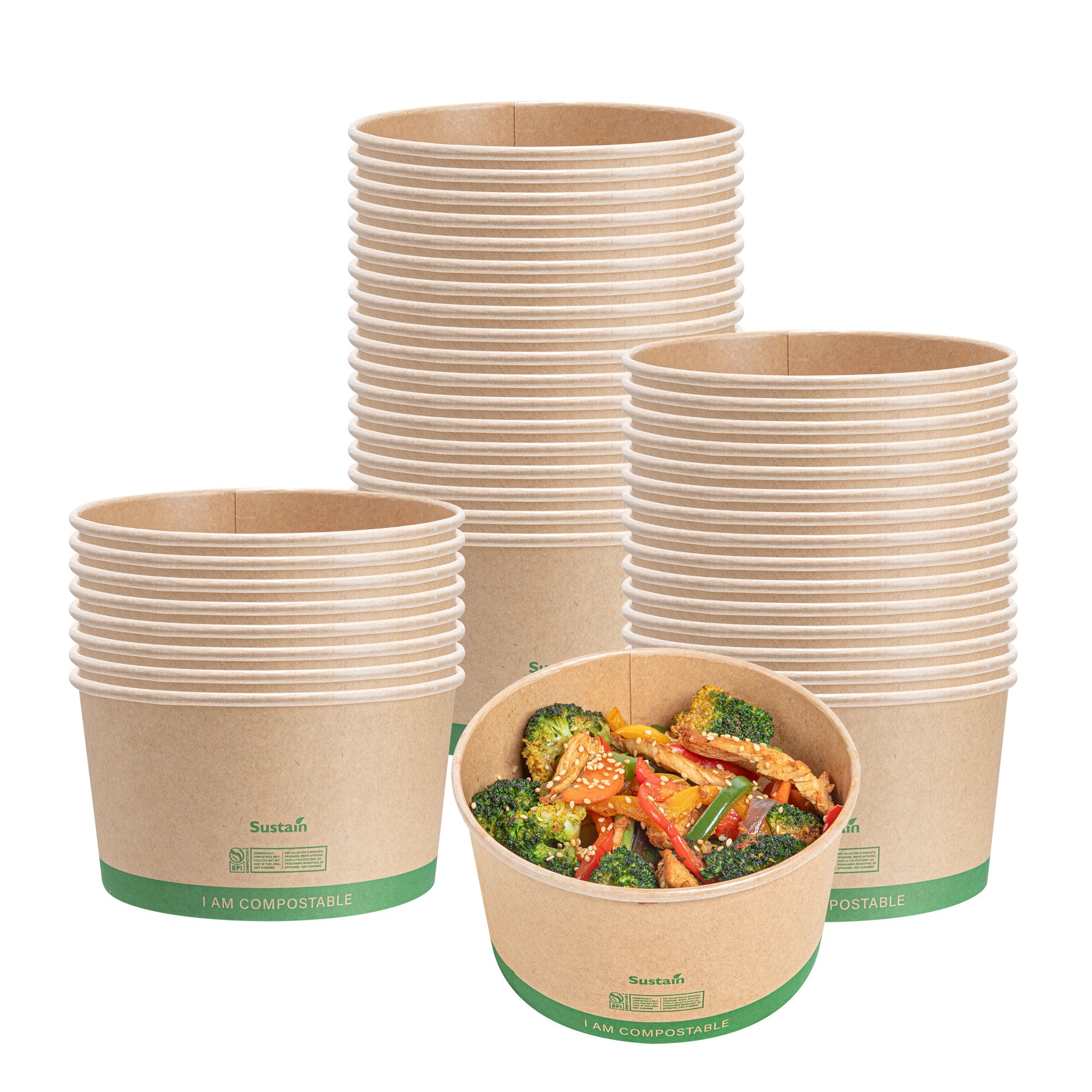 Sustain 34 oz Round Kraft Paper Take Out Container - Compostable - 5 3/4" x 5 3/4" x 3 1/4" - 200 count box