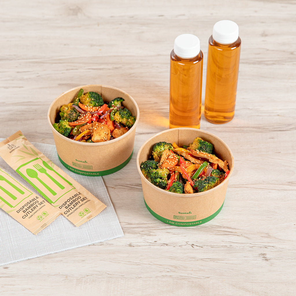 Sustain 34 oz Round Kraft Paper Take Out Container - Compostable - 5 3/4" x 5 3/4" x 3 1/4" - 200 count box