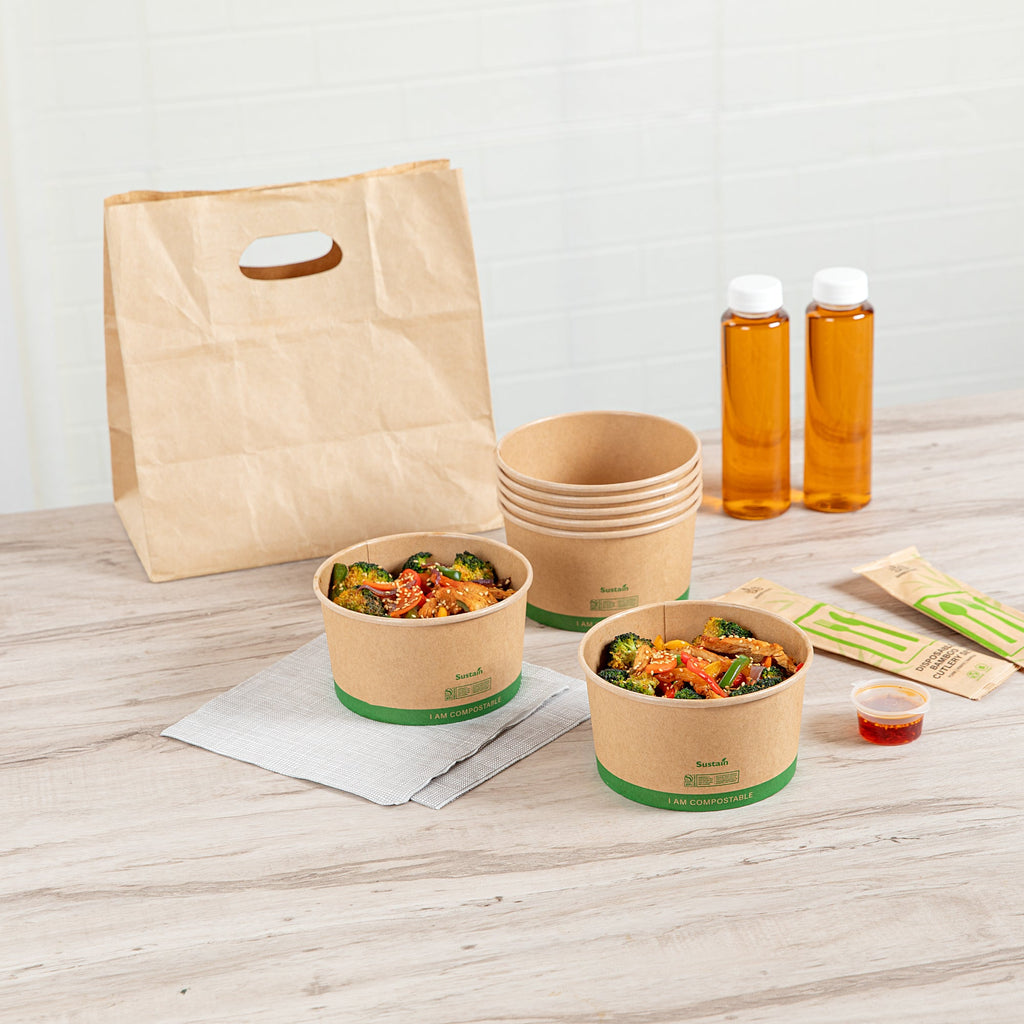 Sustain 34 oz Round Kraft Paper Take Out Container - Compostable - 5 3/4" x 5 3/4" x 3 1/4" - 200 count box