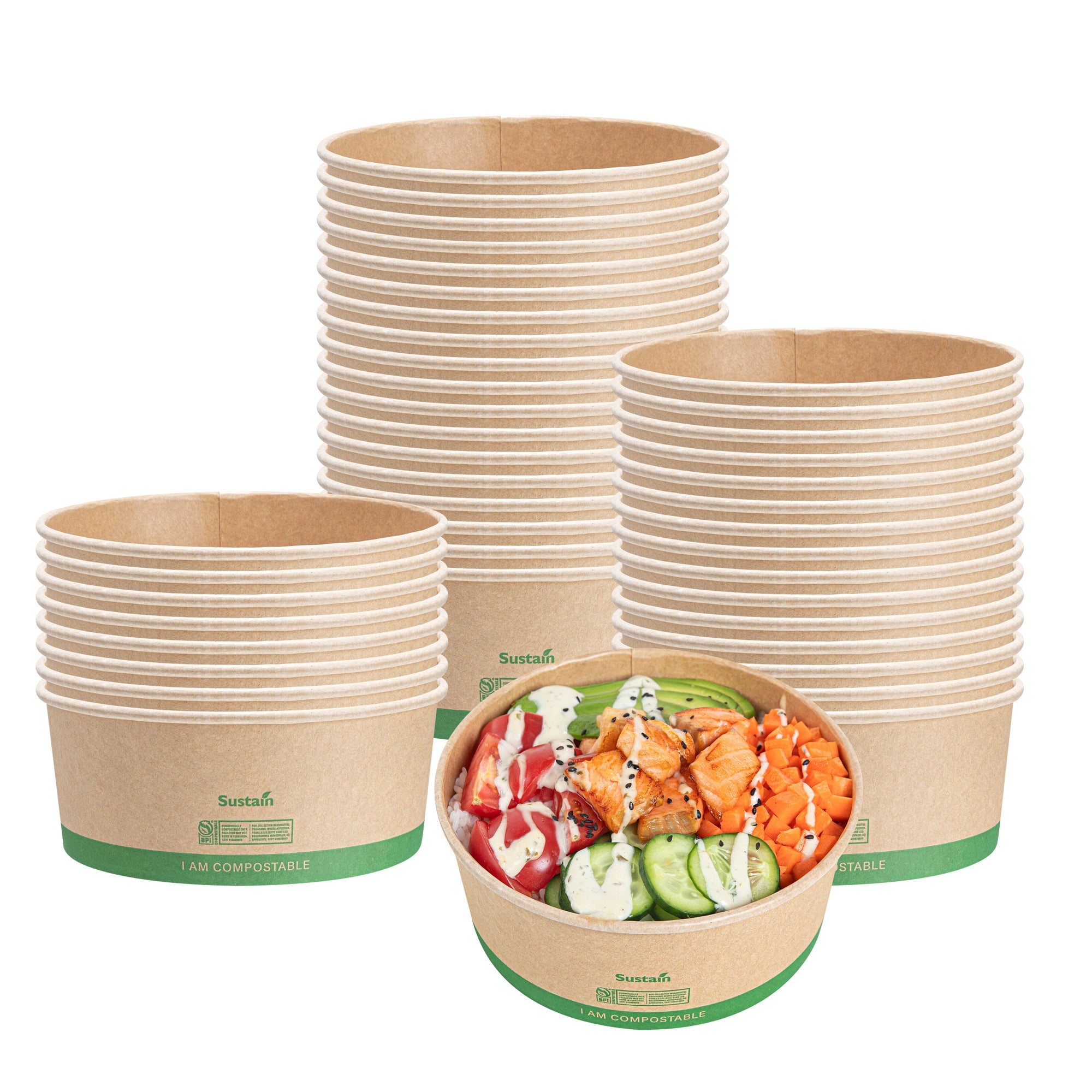 Sustain 37 oz Round Kraft Paper Take Out Container - Compostable - 6 1/2" x 6 1/2" x 2 1/2" - 50 count box