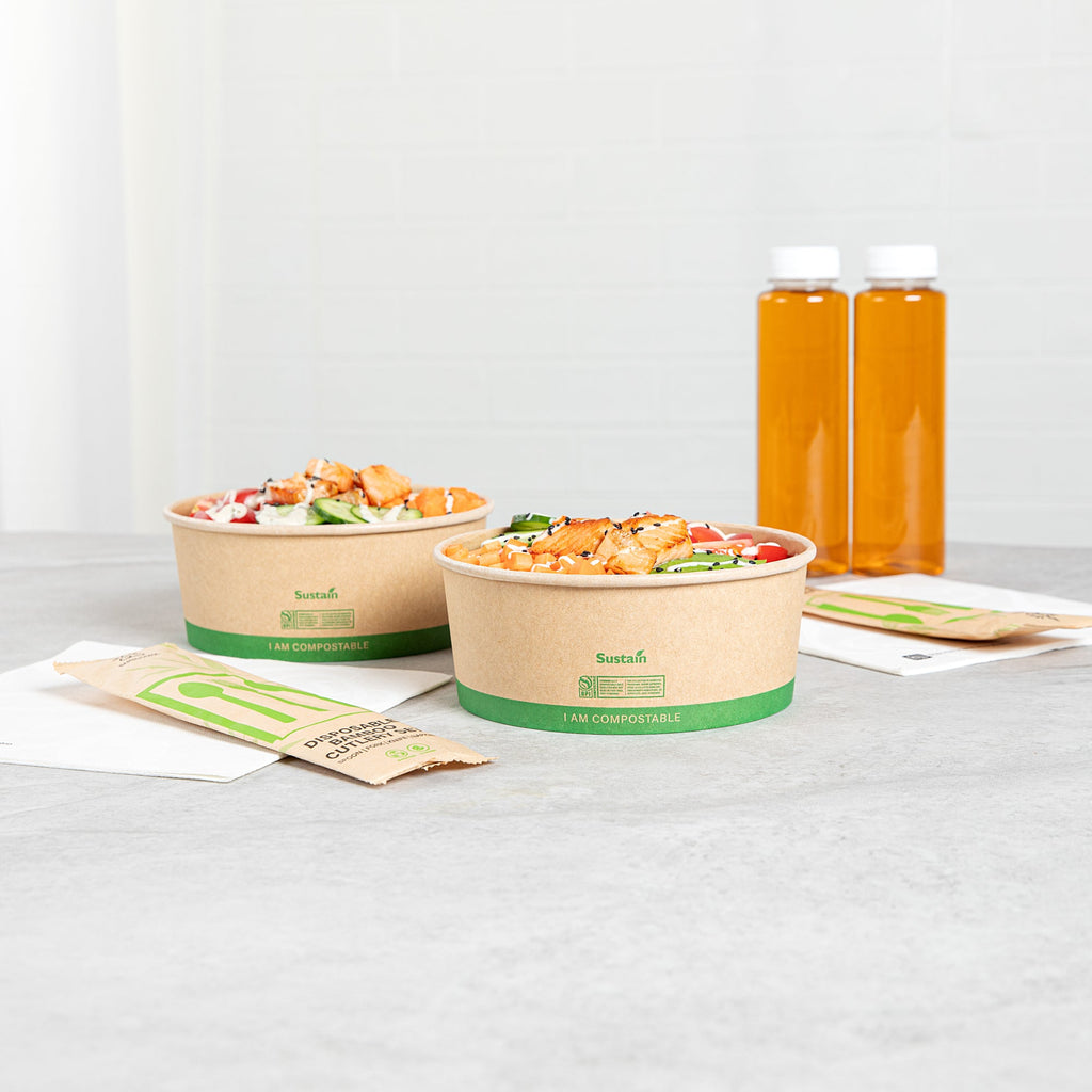 Sustain 37 oz Round Kraft Paper Take Out Container - Compostable - 6 1/2" x 6 1/2" x 2 1/2" - 50 count box